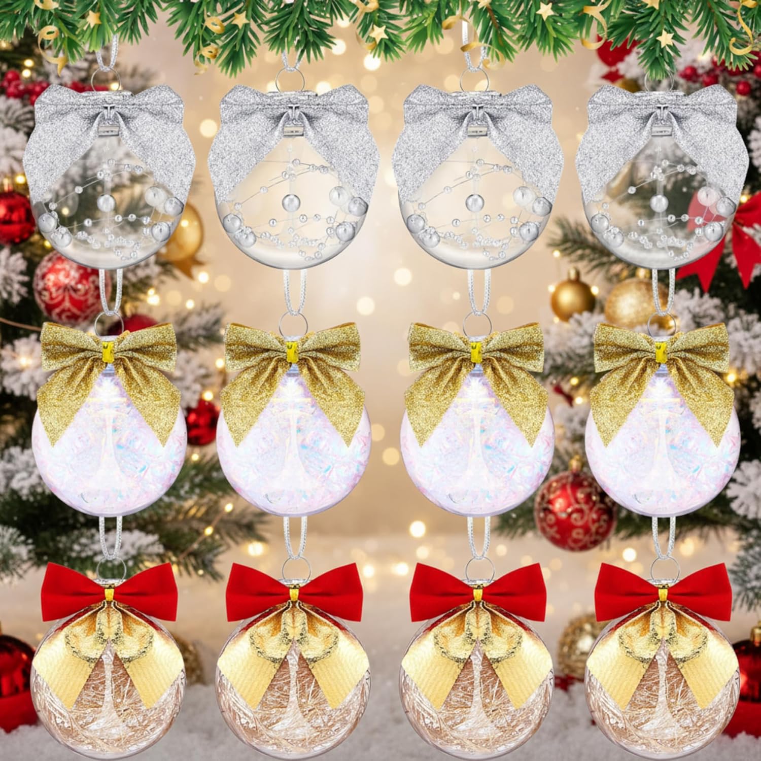 Soulchen 12 Pcs DIY Clear Fillable Christmas Ornaments Balls, 3.54 Inch Transparent Shatterproof Plastic Christmas Decorative Balls with Stuffed Delicate for Party Xmas Tree Crafts Home Decorations 2.36 Inch Bow