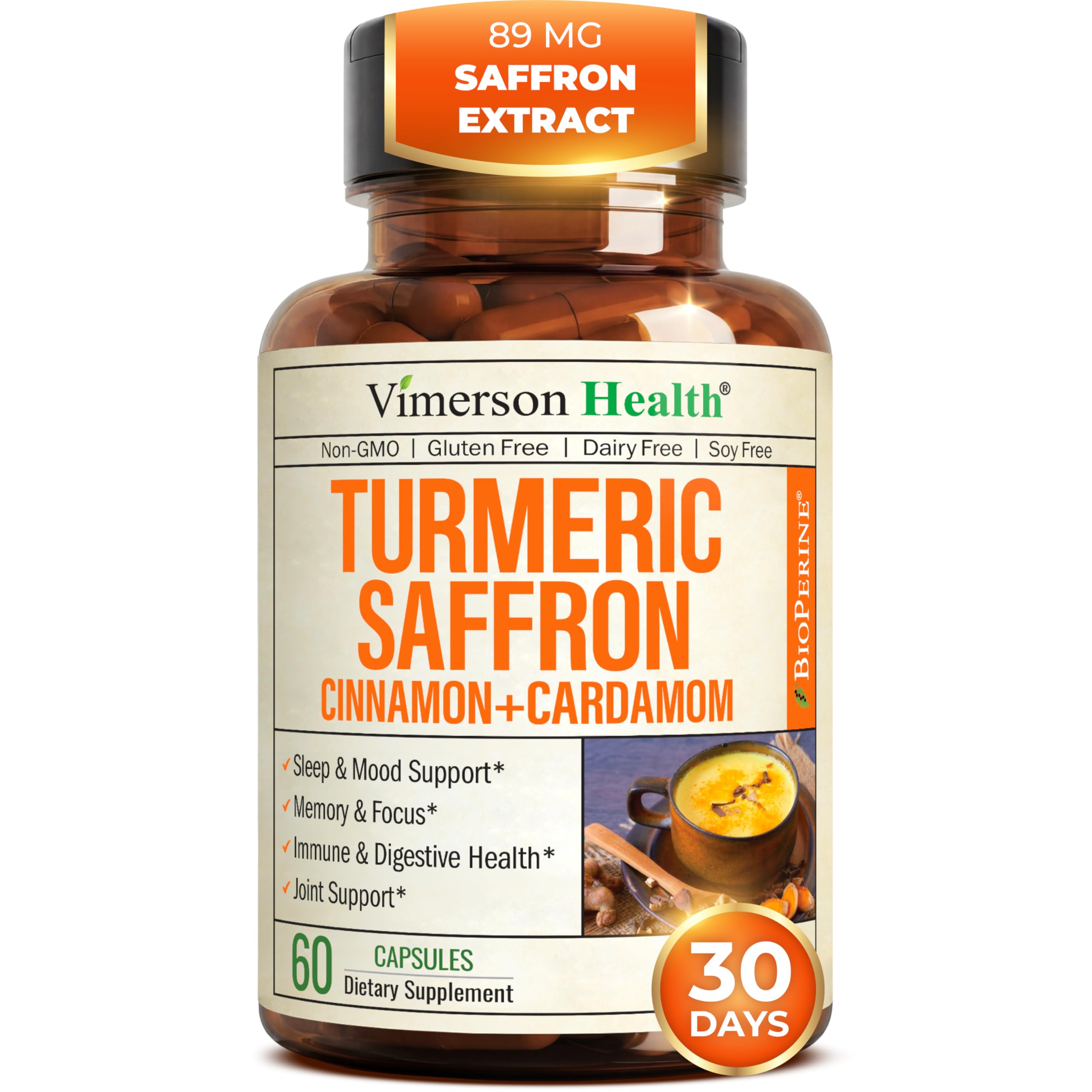 Saffron Supplements – 89mg Saffron Extract and 1000mg Tumeric Blend – Turmeric Supplement with Ceylon Cinnamon and Cardamom for Mood, Memory & Eye Health – Joint Supplements for Women & Men – 60 Count