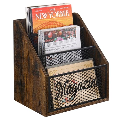 YINMIT 3 Tier Magazine Rack, Stepped Magazine Holder Floor for Home Storage | 3 Tier Stepped Design, Wood and Metal Construction, Easy Magazine Display, Book Organizer Basket for Living Room, Office