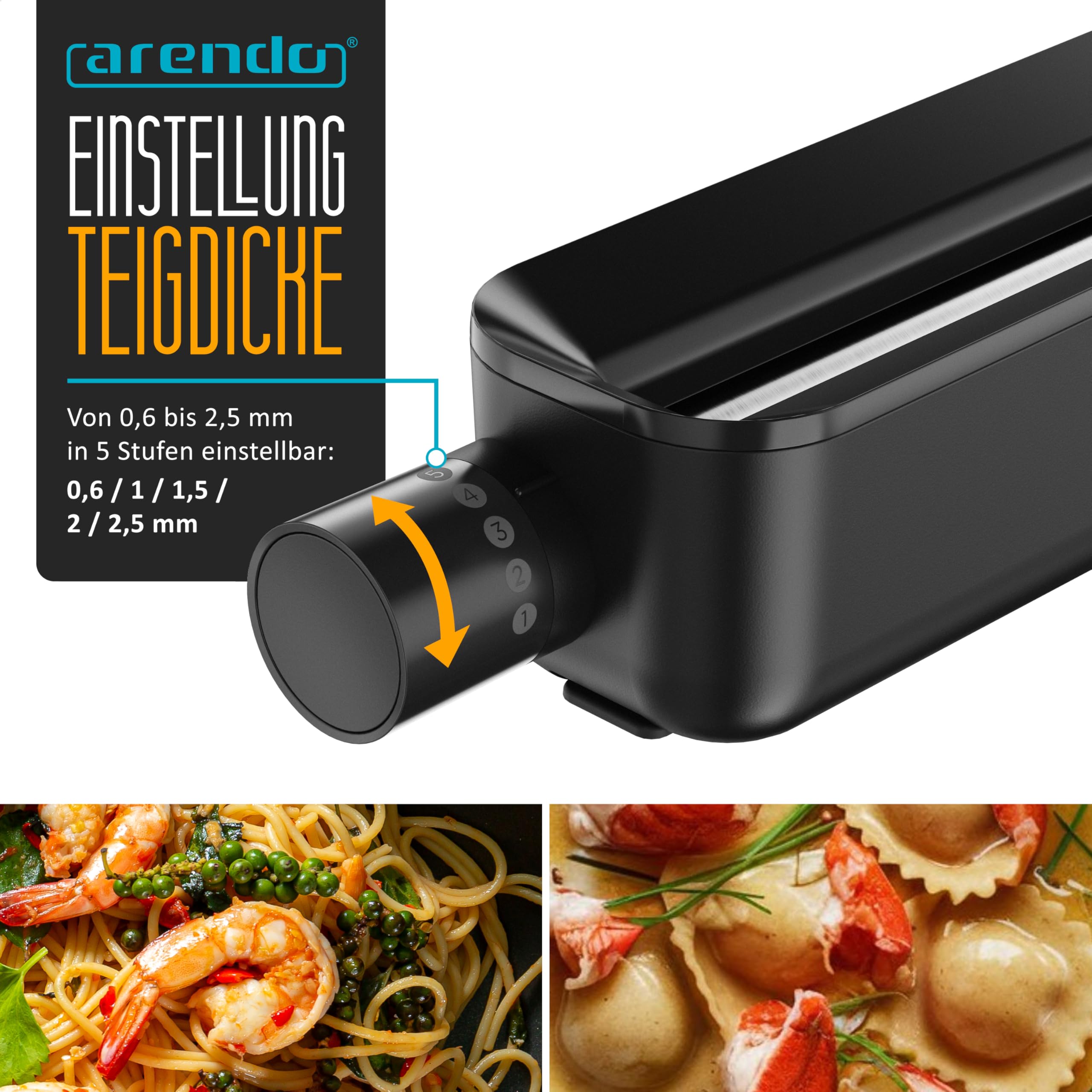 Arendo - Nudelmaschine elektrisch – Pasta Maker - 5 Stärken einstellbar – 120 Watt – Nudelwalze und 2x Pasta-Schneideinsätze 2 mm und 6 mm – Knetmaschine - schwarz matt