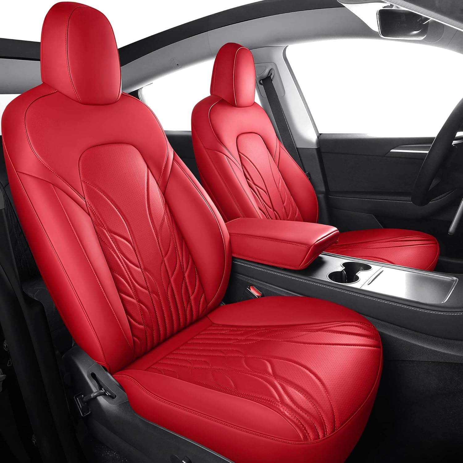Huidasource Tesla Model Y Upgrade Car Seat Covers Full Set Red, Full Coverage Leather Tesla Car Seat Cushion Covers Front & Rear Fit for Tesla Model Y 5 Seater Version 2020-2023 (Full Set/Red) Red Model Y 5 Seat Full Set