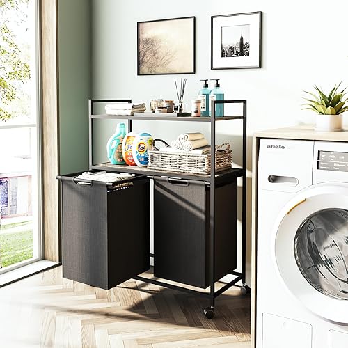 Miniatura 2 de Huhaneon Cesta de lavandería con ruedas, cesta de lavandería, muebles de baño con 2 bolsas extraíbles y extraíbles, 2 estantes, capacidad de 12