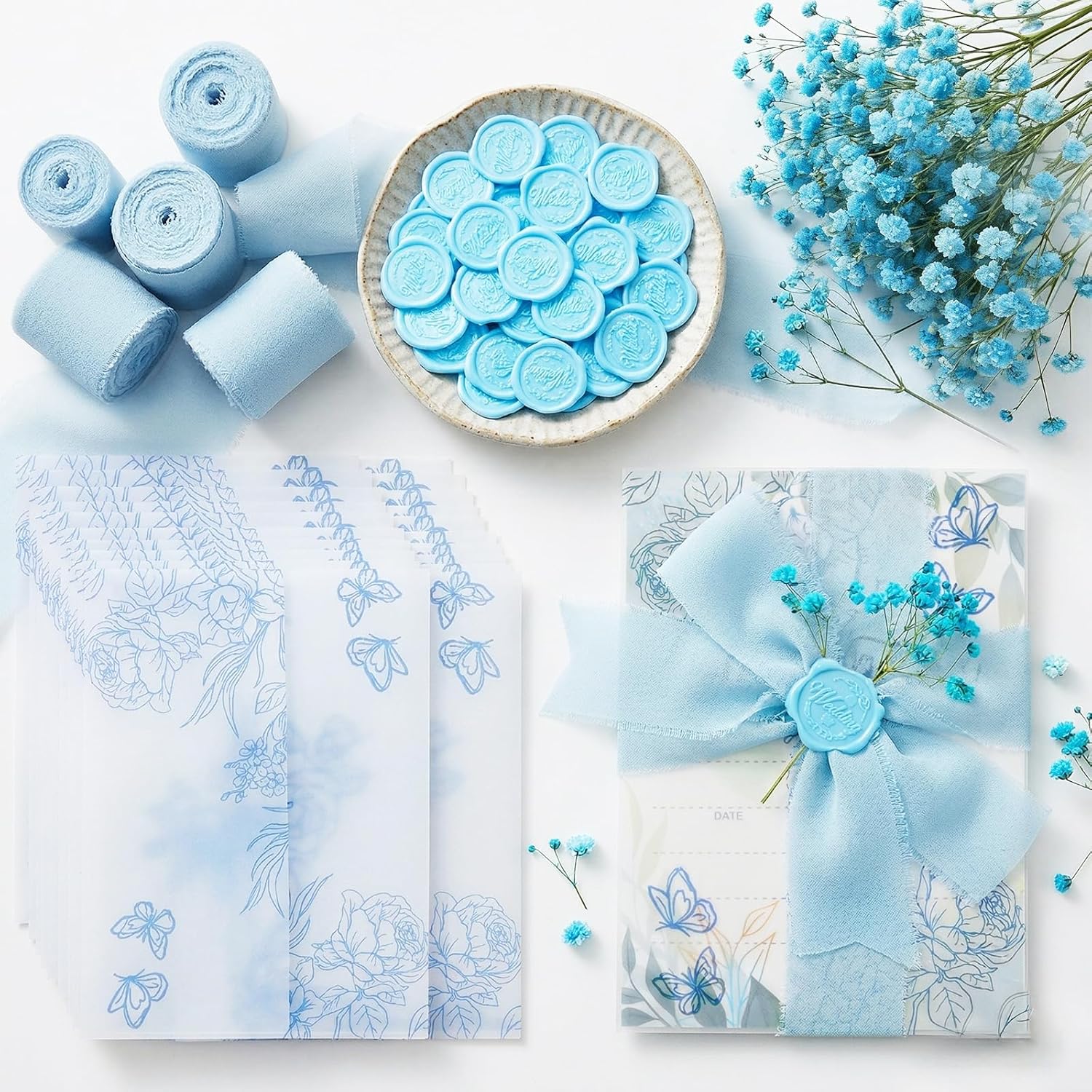 50 Set Wedding Invitations Wraps Set Pre Folded Vellum Jackets for 5 X 7 Invitations Wax Seal Stickers Dried Flowers Chiffon Silk Ribbon for Craft diy (GOLDEN)