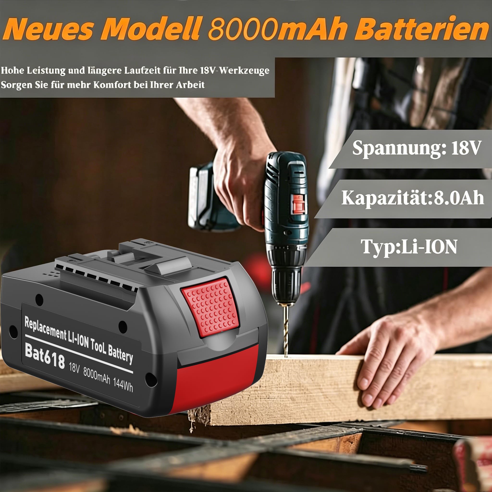 2 X 18V 8.0Ah GBA Ersatzakku für Ersatzakku für Bosch akku 18V BAT618 | Premium Li-Ionen Werkzeugakku für für Bosch Professional 18V System BAT618G BAT609 BAT609G BAT619 BAT619G BAT610 Ersatzteile