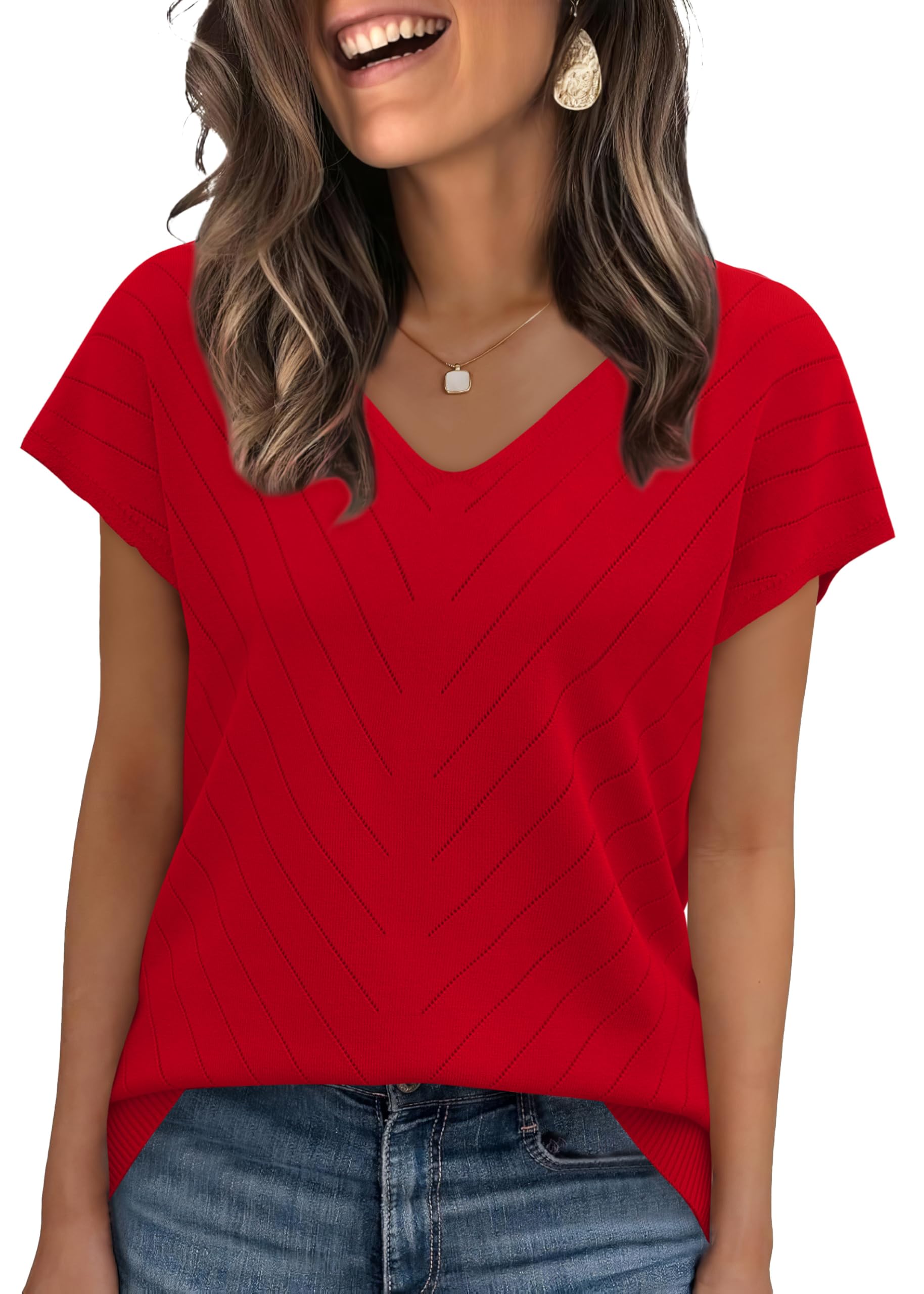 OFEEFAN Womens Sweaters Short Sleeve V Neck Summer Tops Trendy Fashion Business Casual Outfits Dressy Clothes