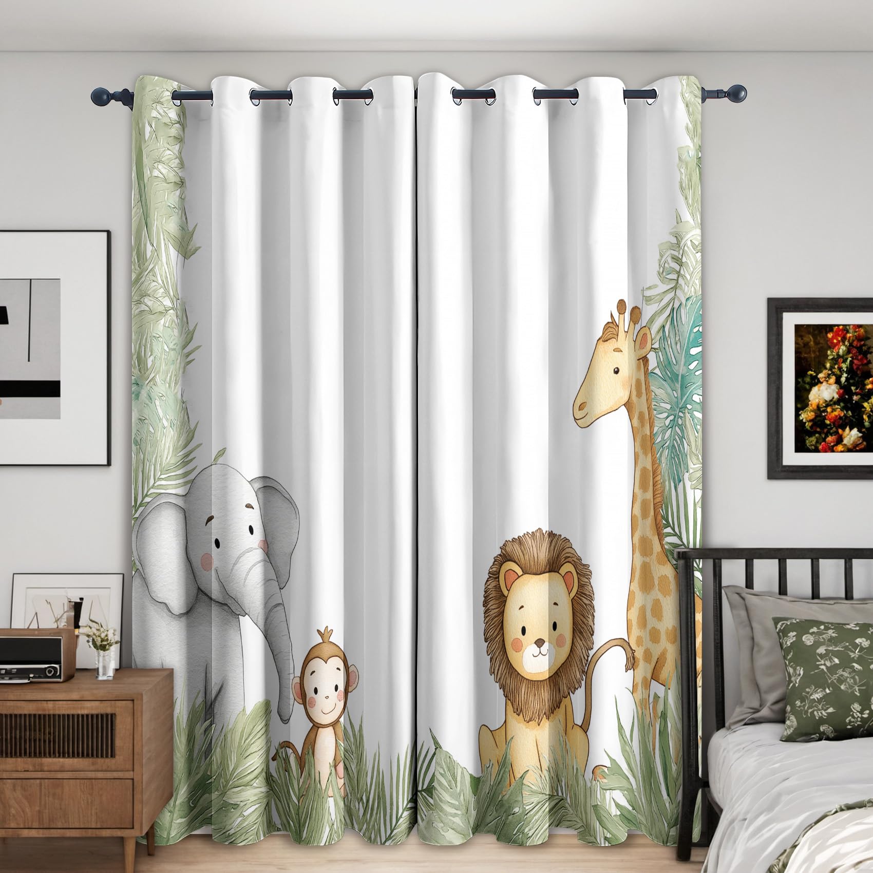 Kids Jungle Animal Blackout Curtains, 72 Drop, Cute Lion Elephant Giraffe Monkey Printed Curtains for Living Room, Bedroom, Eyelet Drapes for Window Home Decor, 66x72 Inch 2 Panels (N-356)