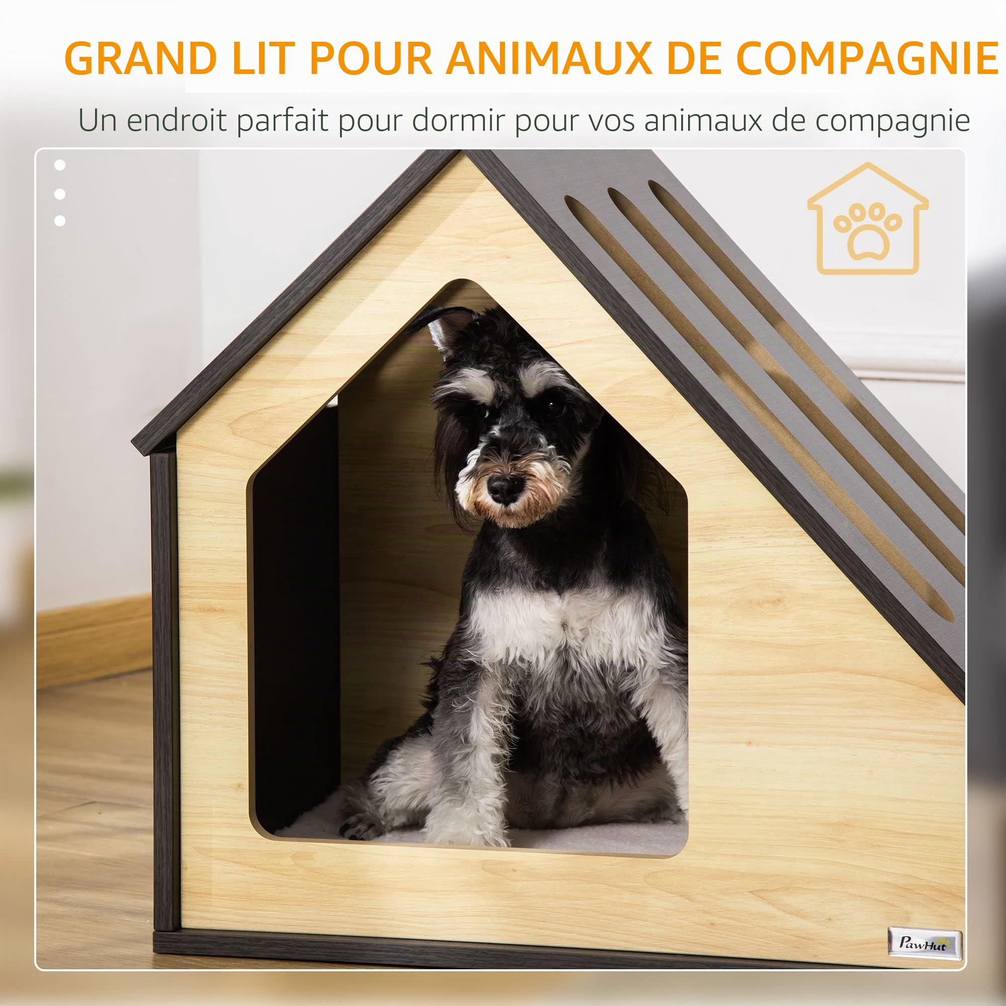 PawHut Niche pour chien en bois d'intérieur Cave à chat Maison pour chat Couchage pour chien avec coussin Maison pour chien Niche pour chien avec toit incliné pour petits chiens jusqu'à 8 kg 60 x 40 x