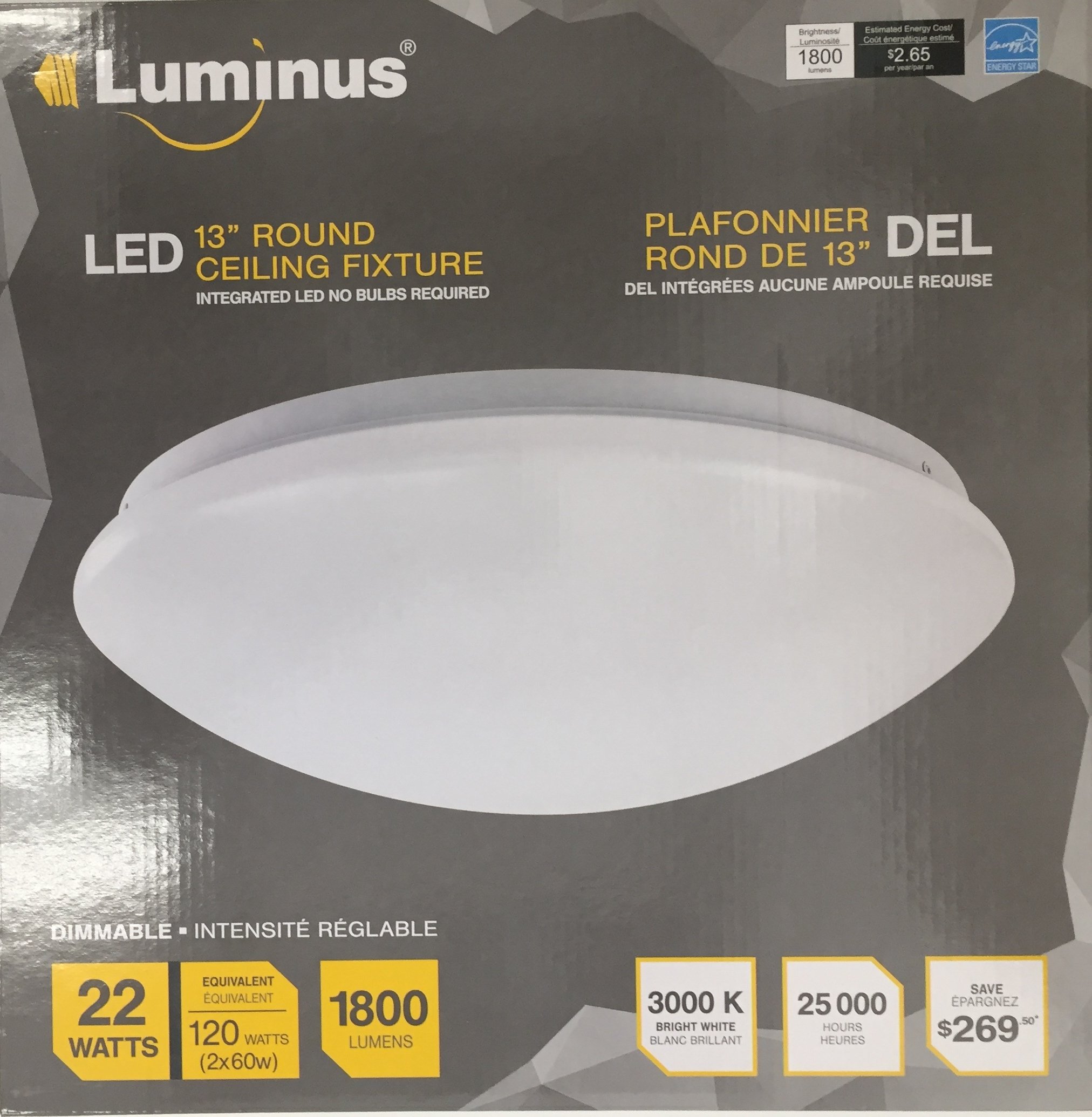 Luminus PPL03 LED 13-inch Round Ceiling Fixture product packaging with specifications