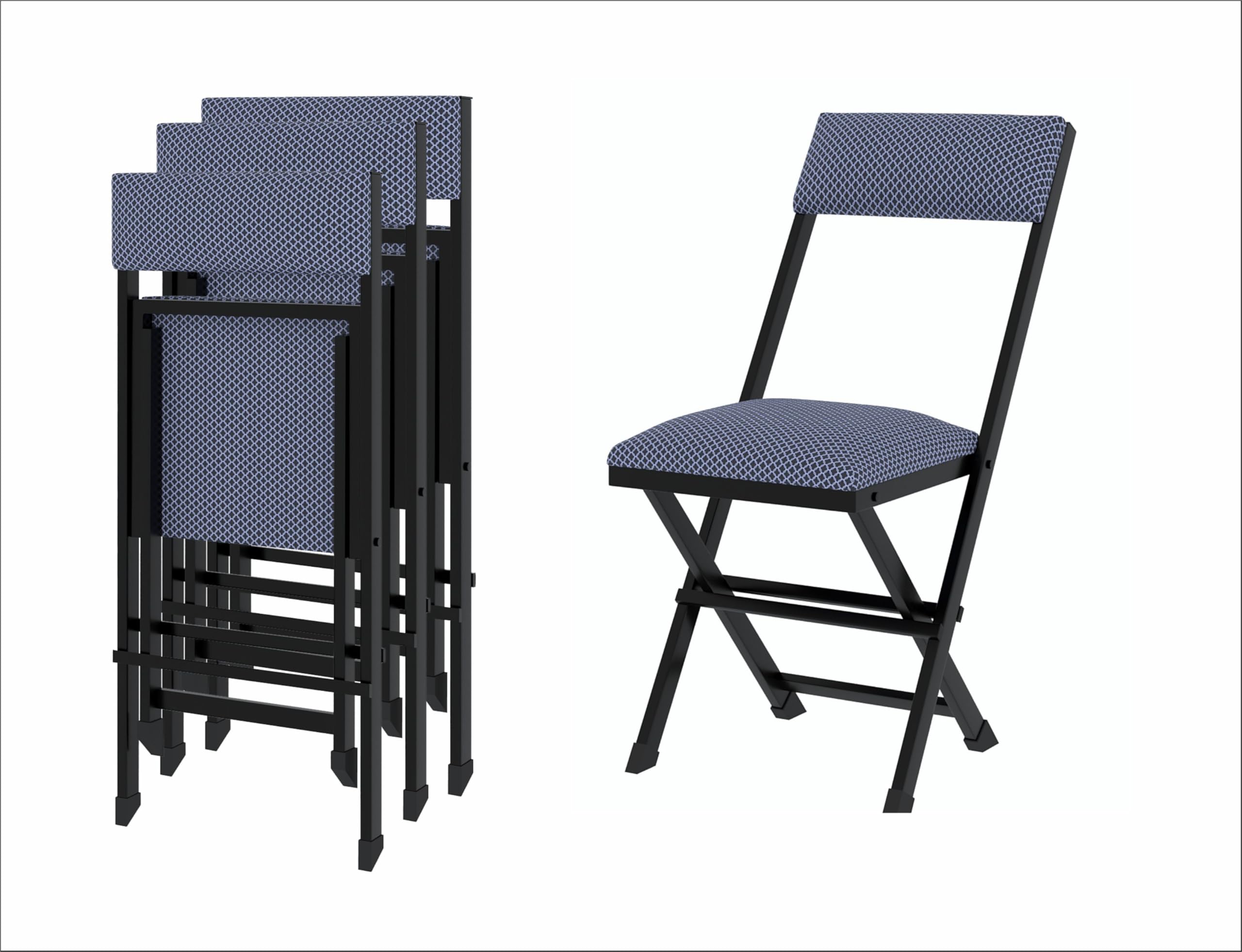 Heavy Duty Iron/Metal/Steel Folding/Foldable Study Chair with Cushion Seat for Outdoor, Indoor, Dining, Office, Mulitpurpose (Navy Blue Cushion) (Set of 4)