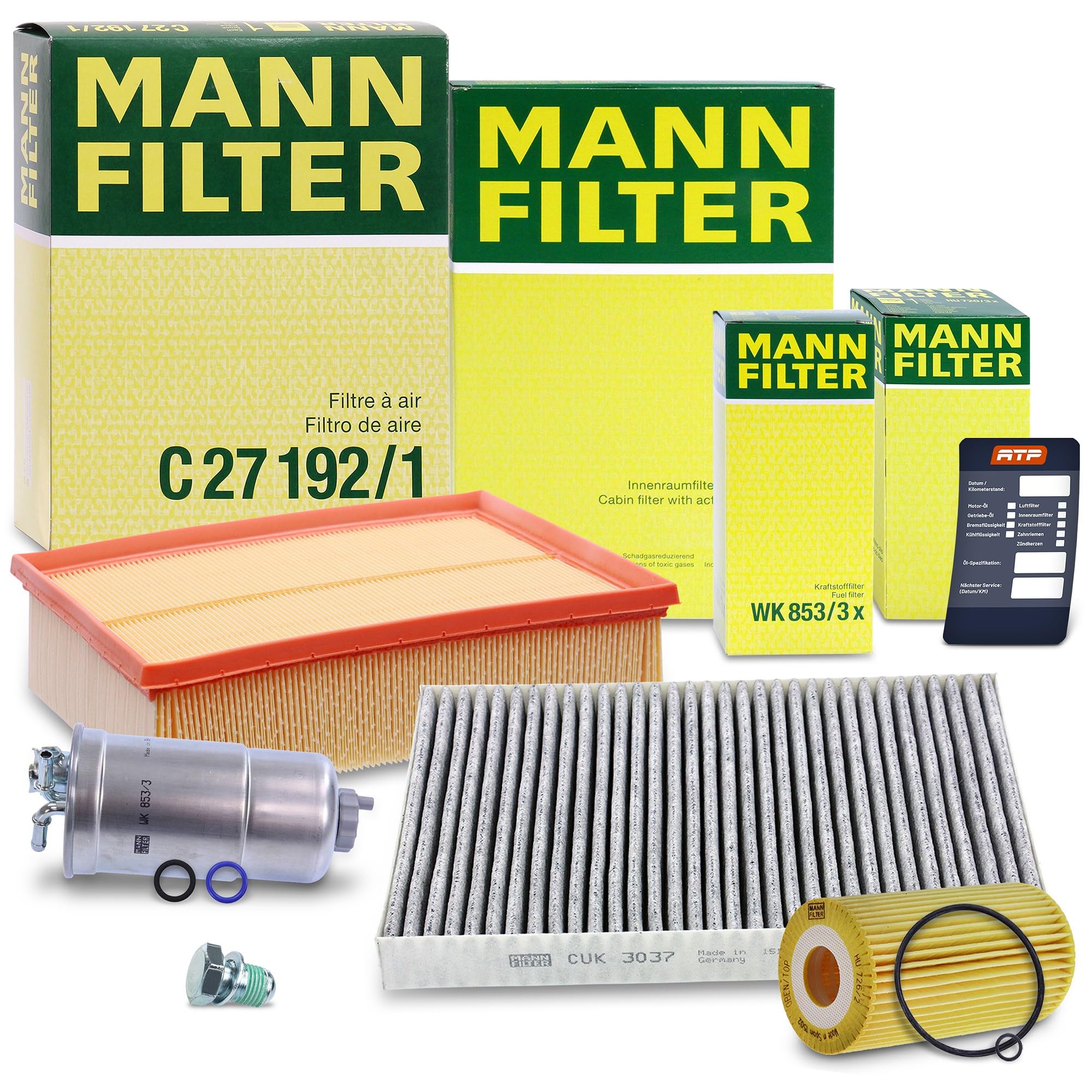 MANN-FILTER Inspektionspaket Filterset 1x Ölfilter, 1x Luftfilter, 1x Innenraumfilter, 1x Kraftstofffilter, 1x Ölablassschraube Kompatibel mit AUDI A4 B6 (8E2)(8E5)(8H7) A4 B7 (8EC)(8ED)(8HE)