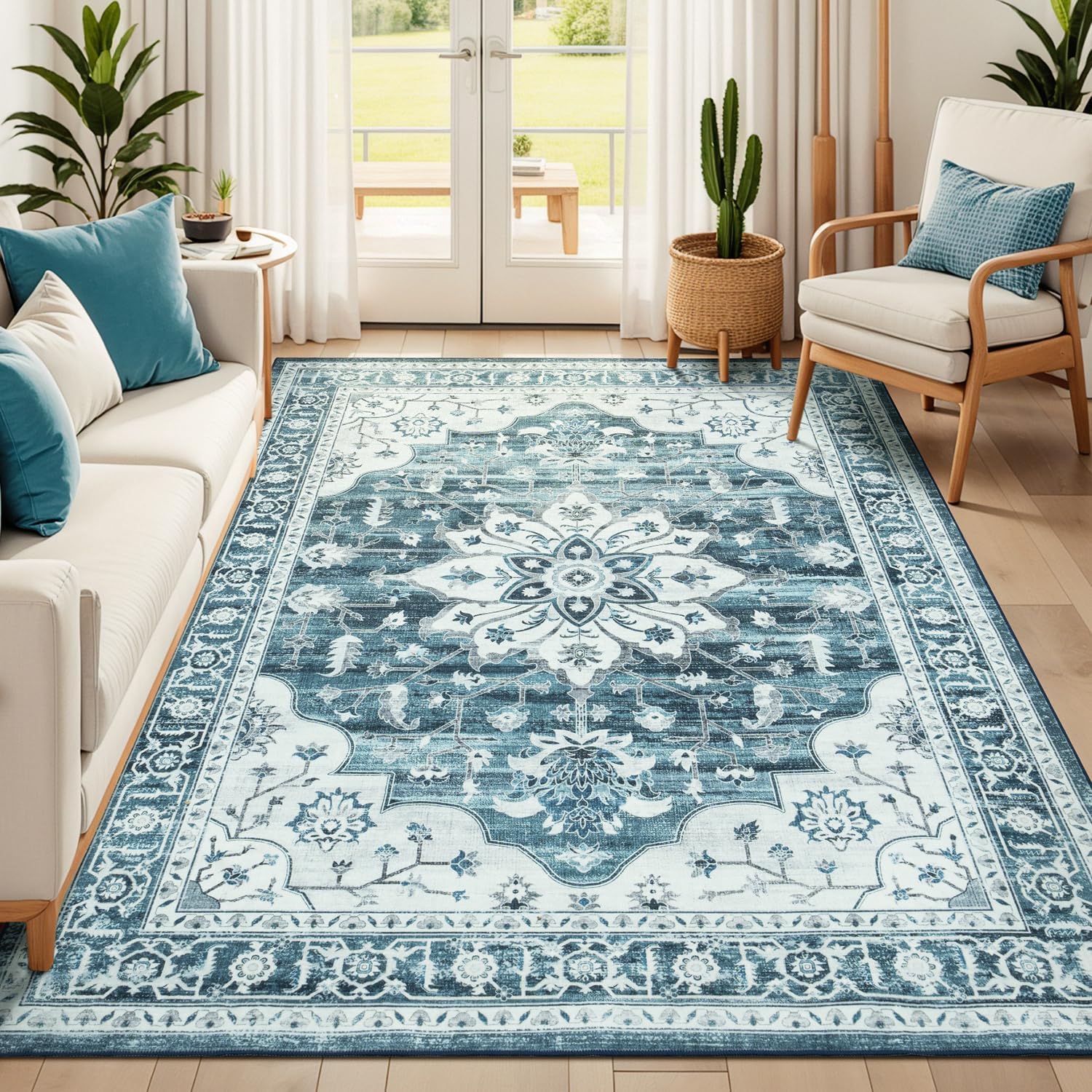 Washable Rugs for Living Room Bedroom, 5×7 Area Rugs for Kitchen Office Nursery, Non Slip Low Pile Rug Indoor, Vintage Boho Print Floral Carpet, Neutral Blue White