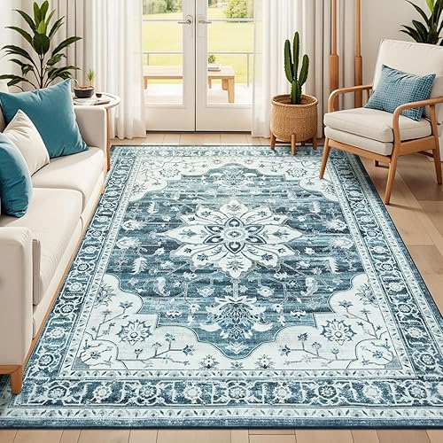 Washable Rugs for Living Room Bedroom, 5x7 Area Rugs for Kitchen Office Nursery, Non Slip Low Pile Rug Indoor, Vintage Boho Print Floral Carpet, Neutral Blue White