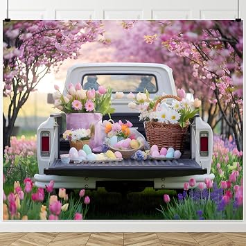 Spring Easter Backdrop 10x8ft Polyester Fabric Garden Truck Flowers Floral Photography Background Tulip Cherry Blossom Backdrop Happy Easter Banner Decorations Easter Party Decor Photoshoot