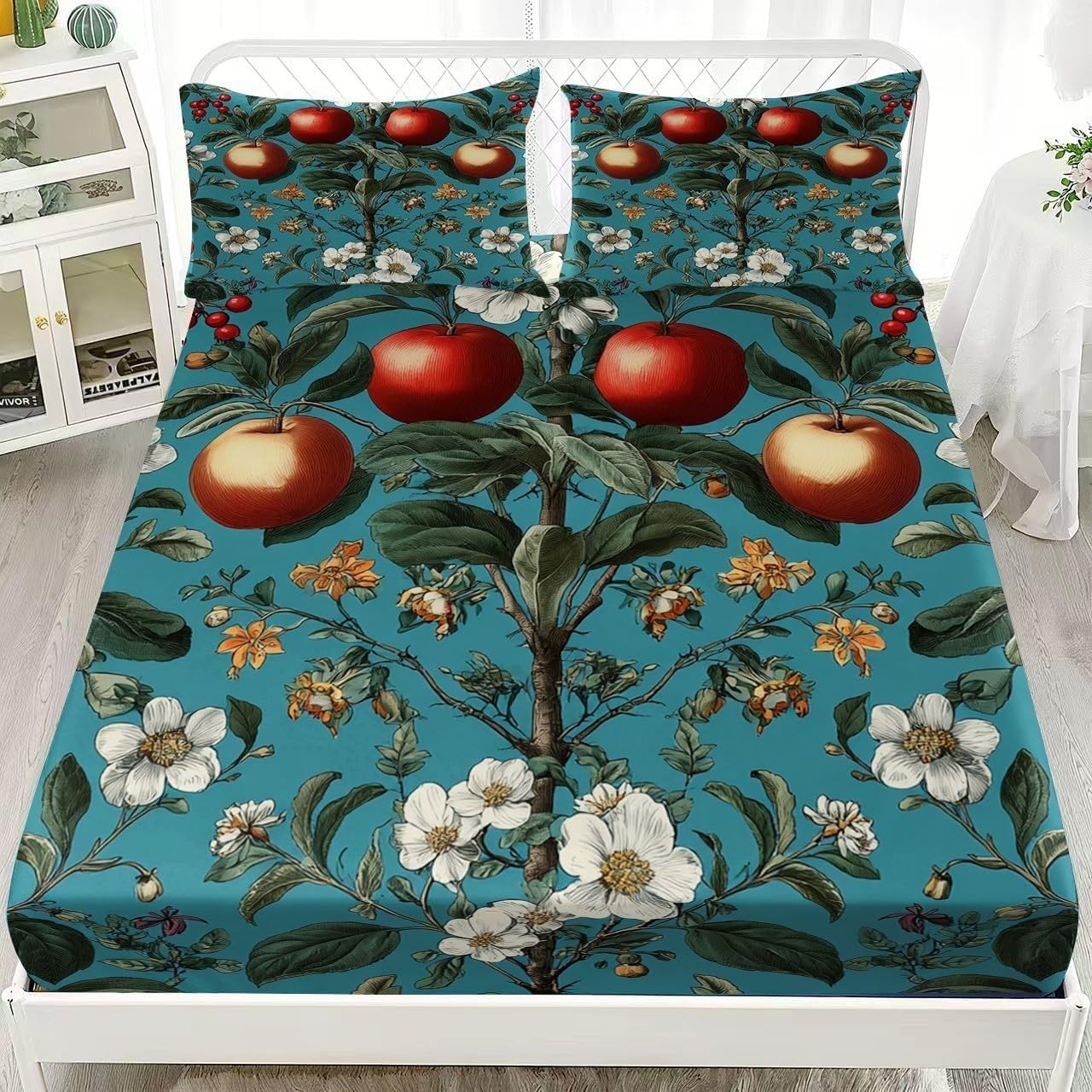 Plants King Size Fitted Sheets Flowers Bed Sheets Deep Pocket 12 inch (30 cm) Soft Cozy 3 Piece Microfibre Bed Sheet 150x200 cm with 2 Pillowcases 50x75 cm
