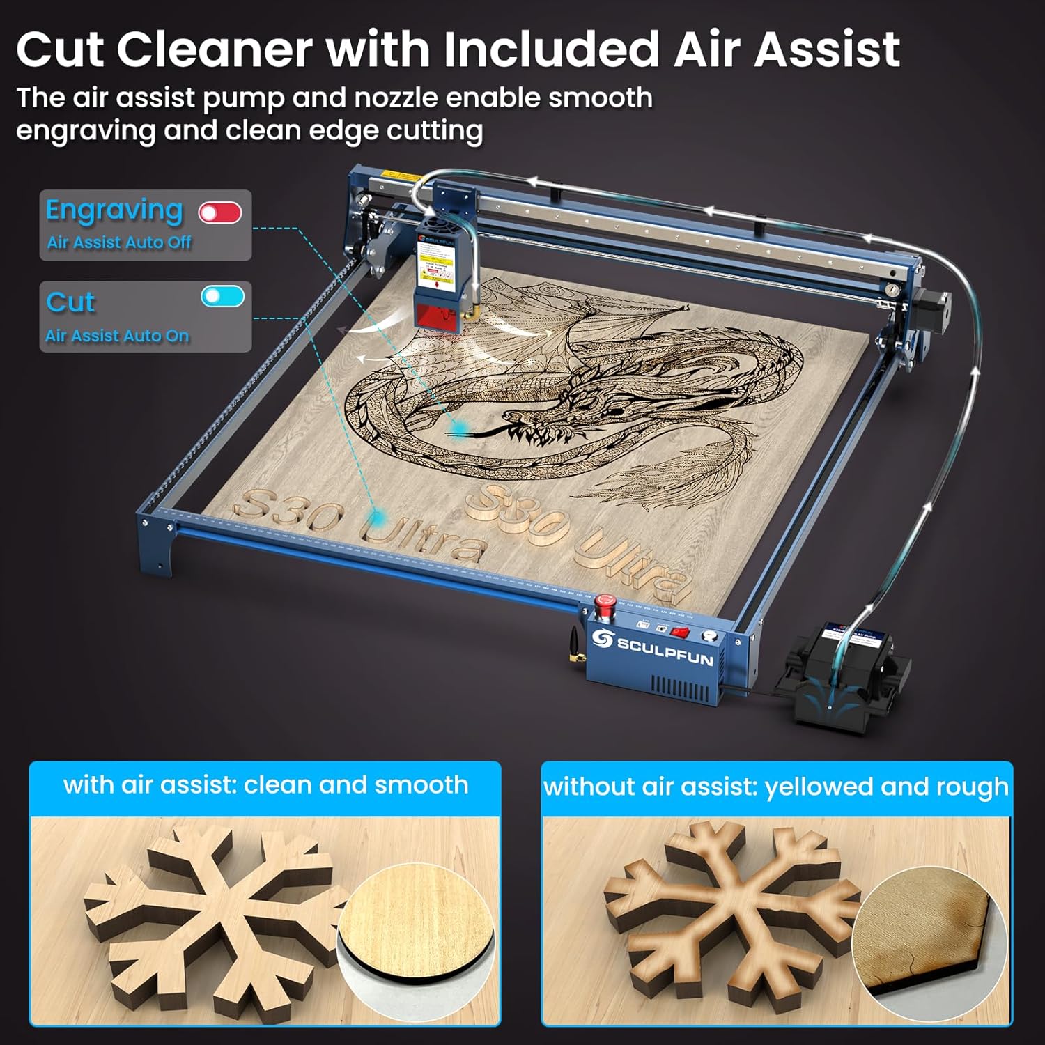 SCULPFUN S30 Ultra smart air assist for clean cuts