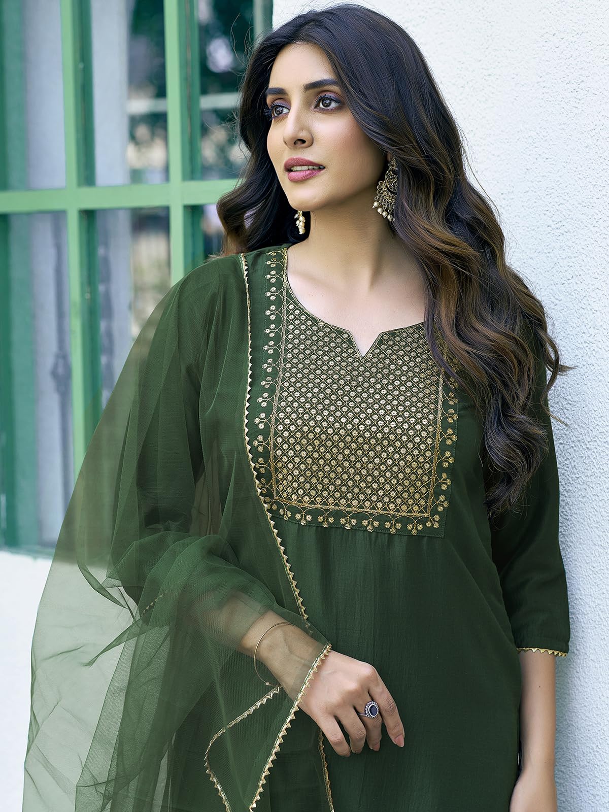 Sanisa Women's Chinnon Sequence Embroidery Work Straight Kurta With Pant And Dupatta (155Kbd1673N-Xxl_Dark Green3)