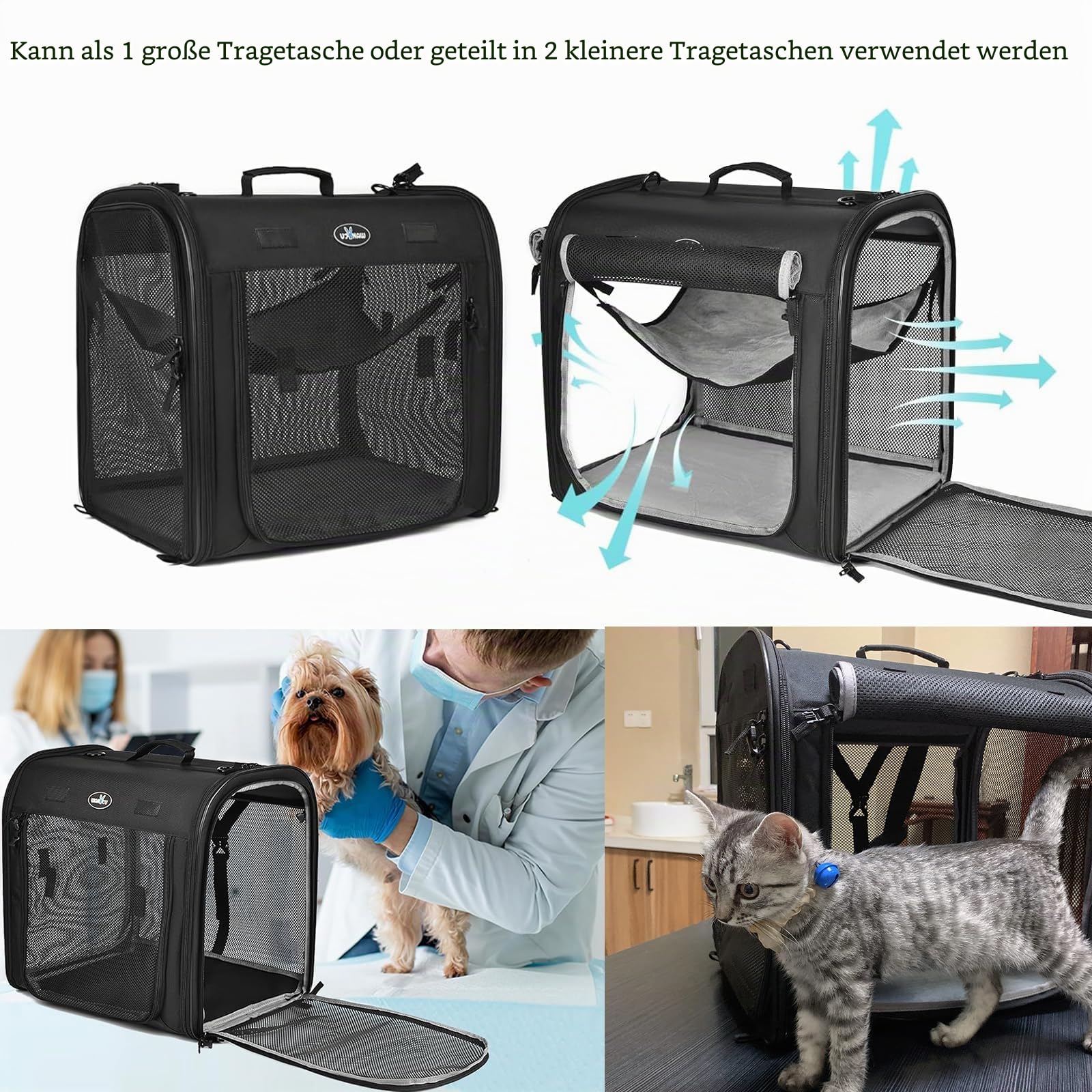 Wakytu Faltbare Katzen Transportbox groß 89x35x43cm für 2 Katzen, 2-in-1 Haustiertragetasche und Autositz Sicher und belüftet für Auto Reise Tierarzt geeignet für kleine Hunde und Katzen