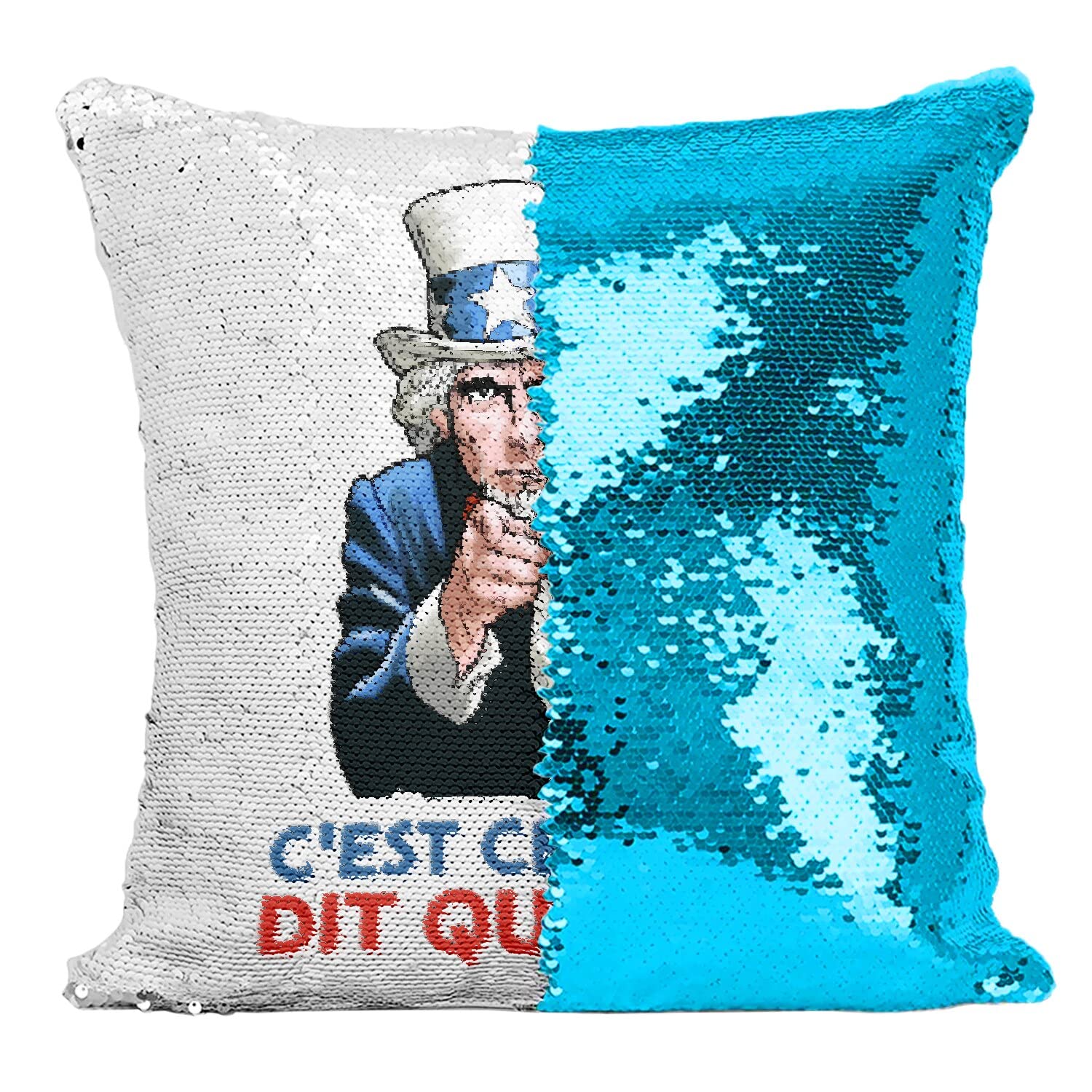 Coussin paillettes turquoise avec expression drôle enfant