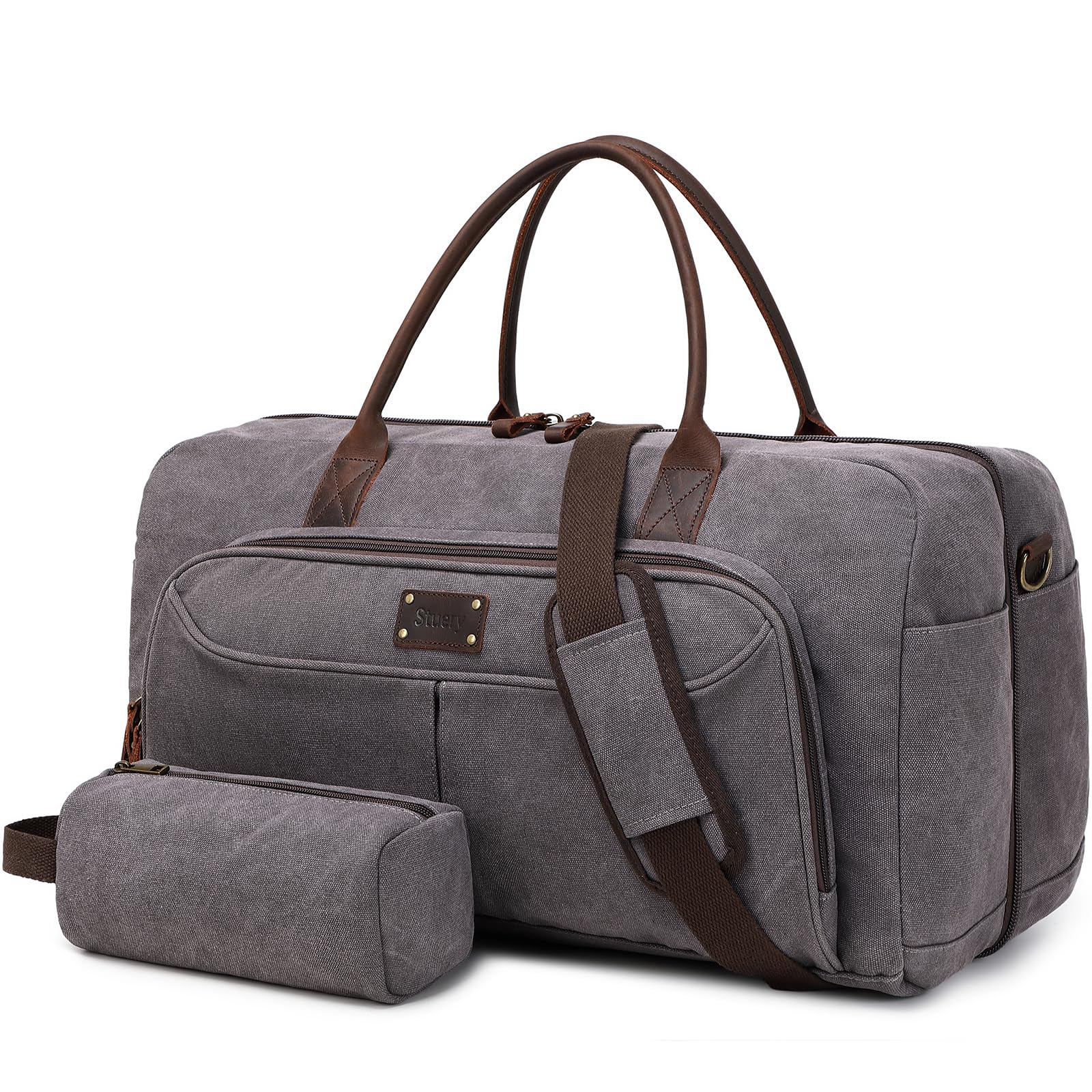 Duffle Bag for Men, 53L Travel Duffel Bag with Toiletry Bag Genuine Leather Canvas Weekend Overnight Gym Bag for Men Carry on, Grey