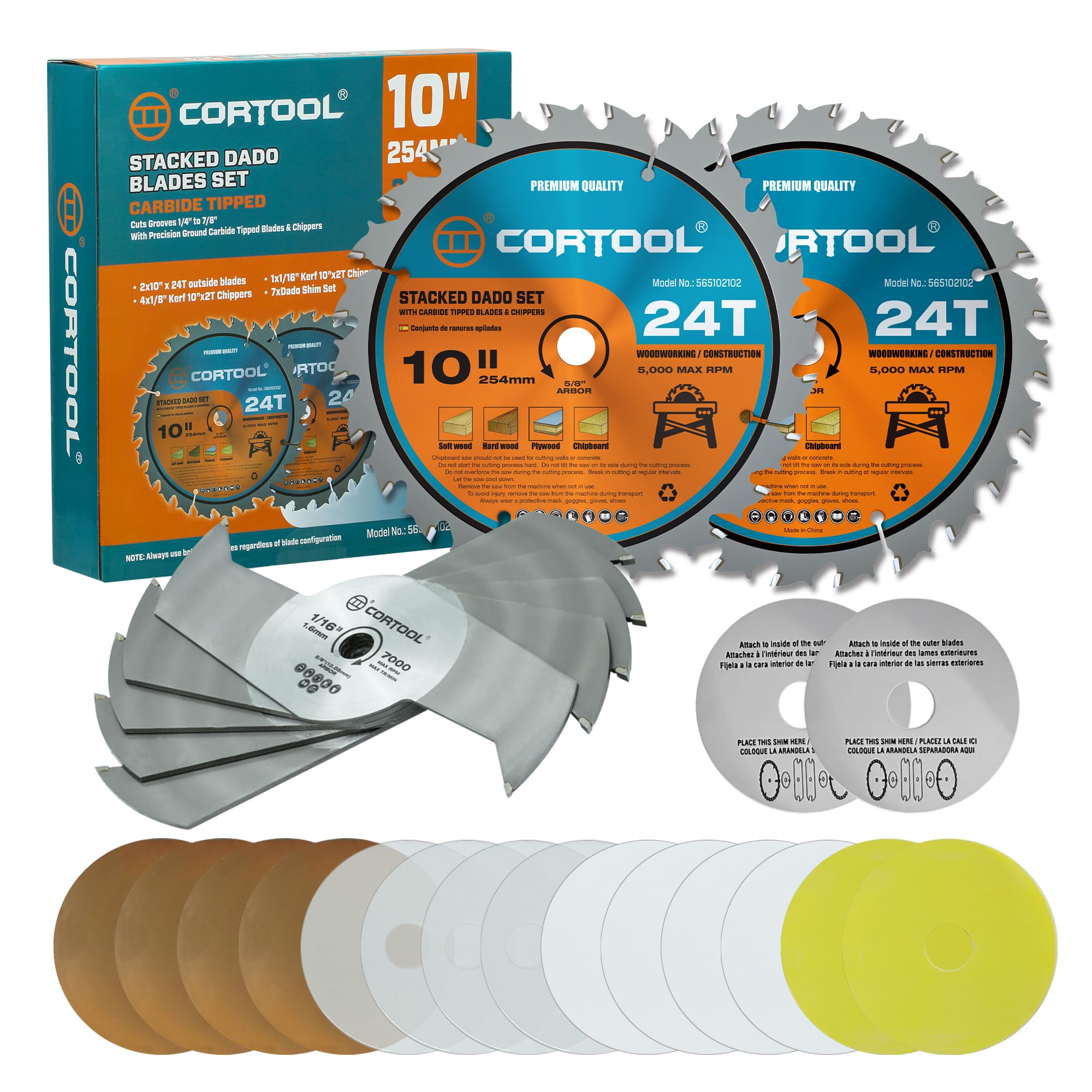 10" Dado Blade Set, 24-Tooth 5/8 Inch Arbor, Carbide Tipped Stacking Dado Set for Table Saw, Fine Finished Dados, Grooves, and Rabbets, Cutting Width from 1/4" to 13/16" in 1/16"