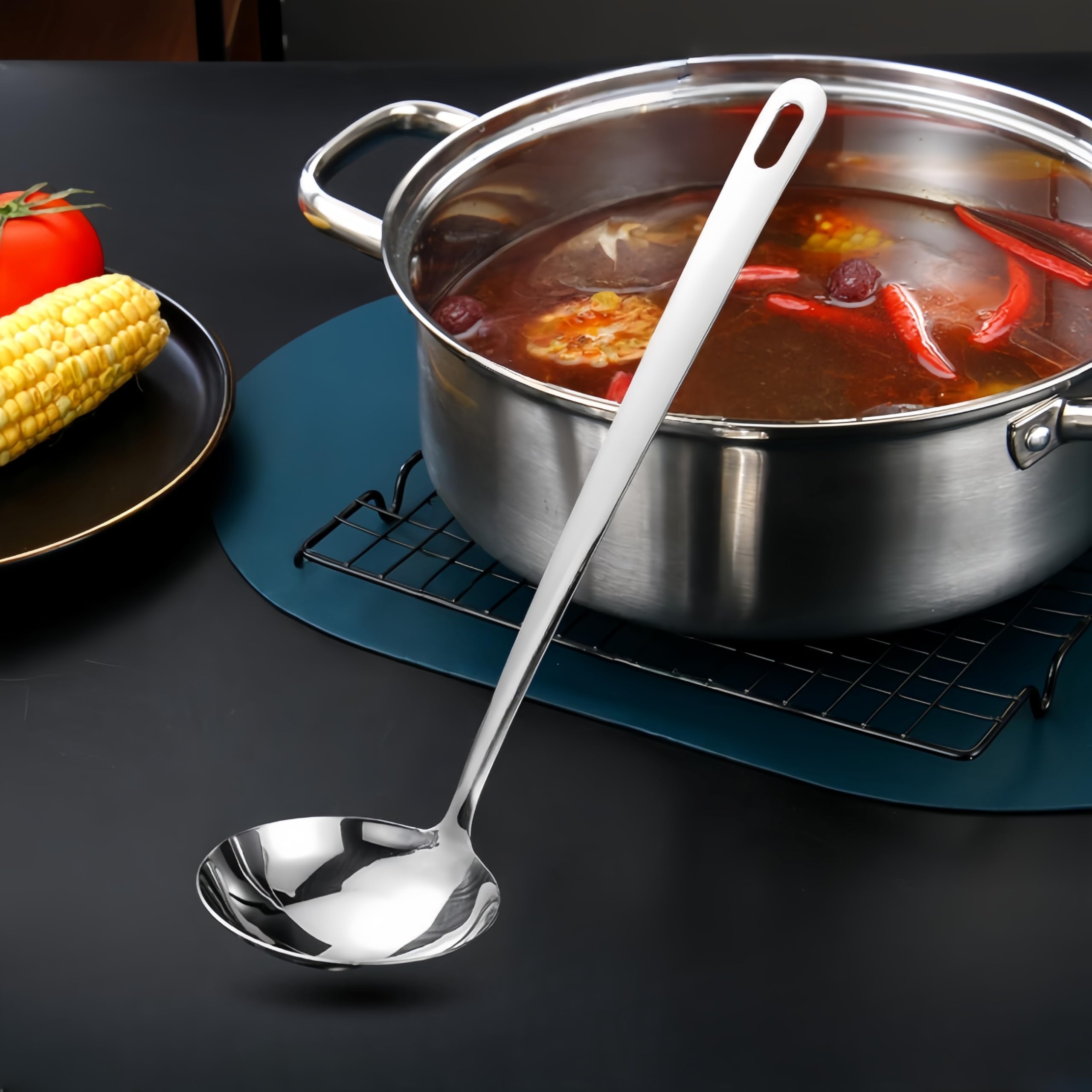 Concha de sopa com cabo longo, concha de sopa de aço inoxidável de 28 cm para mexer,