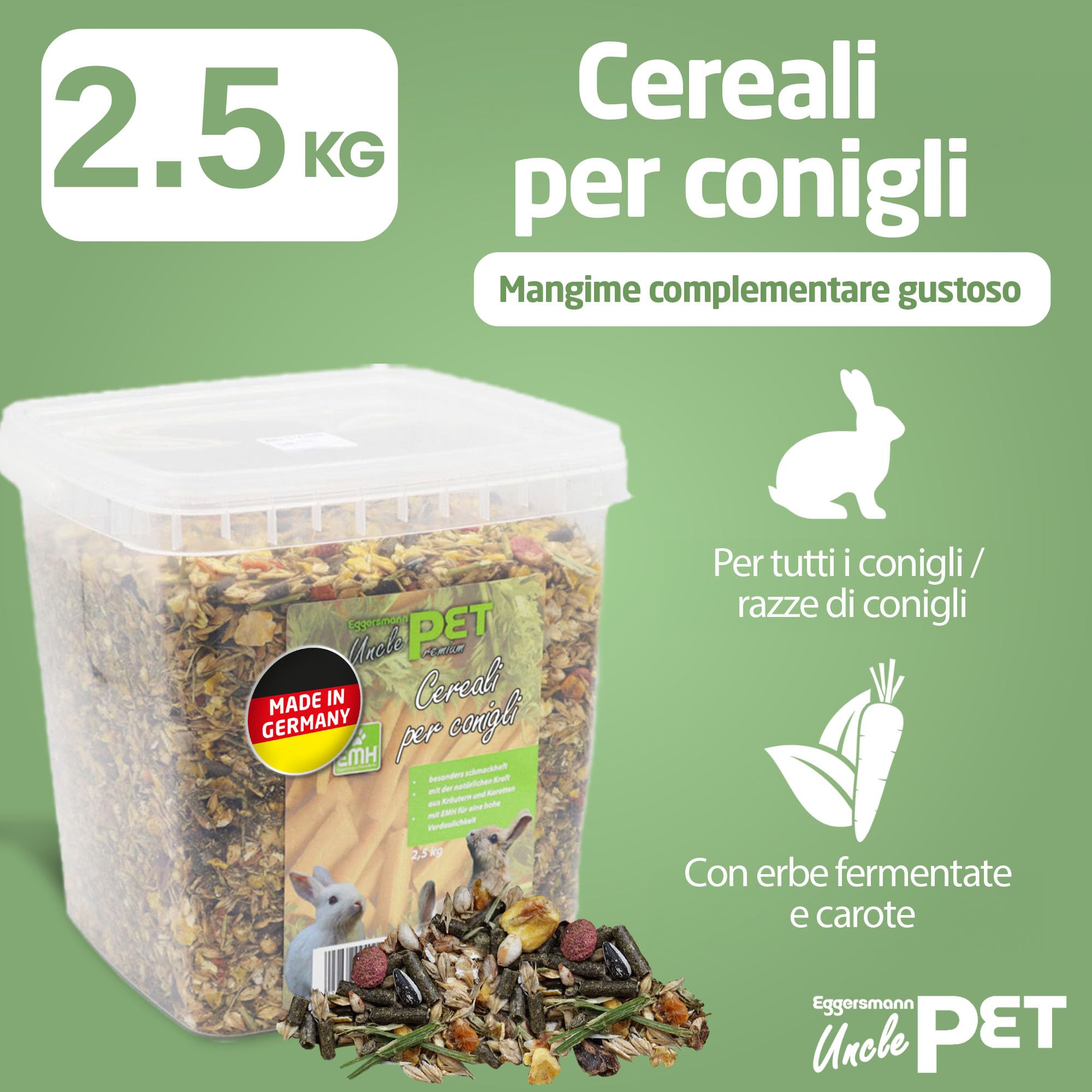 Eggersmann Uncle Pet - Muesli Premium per Conigli Con Erbe e Carote - Cibo 2,5 kg in Secchio - Accessori per Conigli