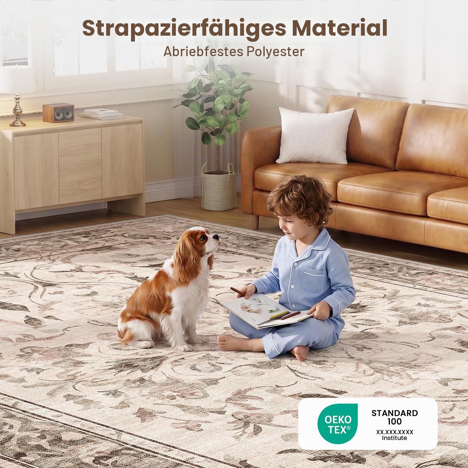 IKALIFE Teppich Wohnzimmer Vintage 160x230cm Waschbar Beige | Großer Waschbarer Kurzflor Teppich mit Blumenmuster, Rutschfest, Weich und ideal für Wohnzimmer, Schlafzimmer und Esszimmer