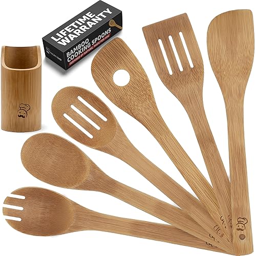 PriorityChef - Cucharas de madera para cocinar, 6 piezas con soporte para utensilios, utensilios de cocina de bambú que no rayan, juego de