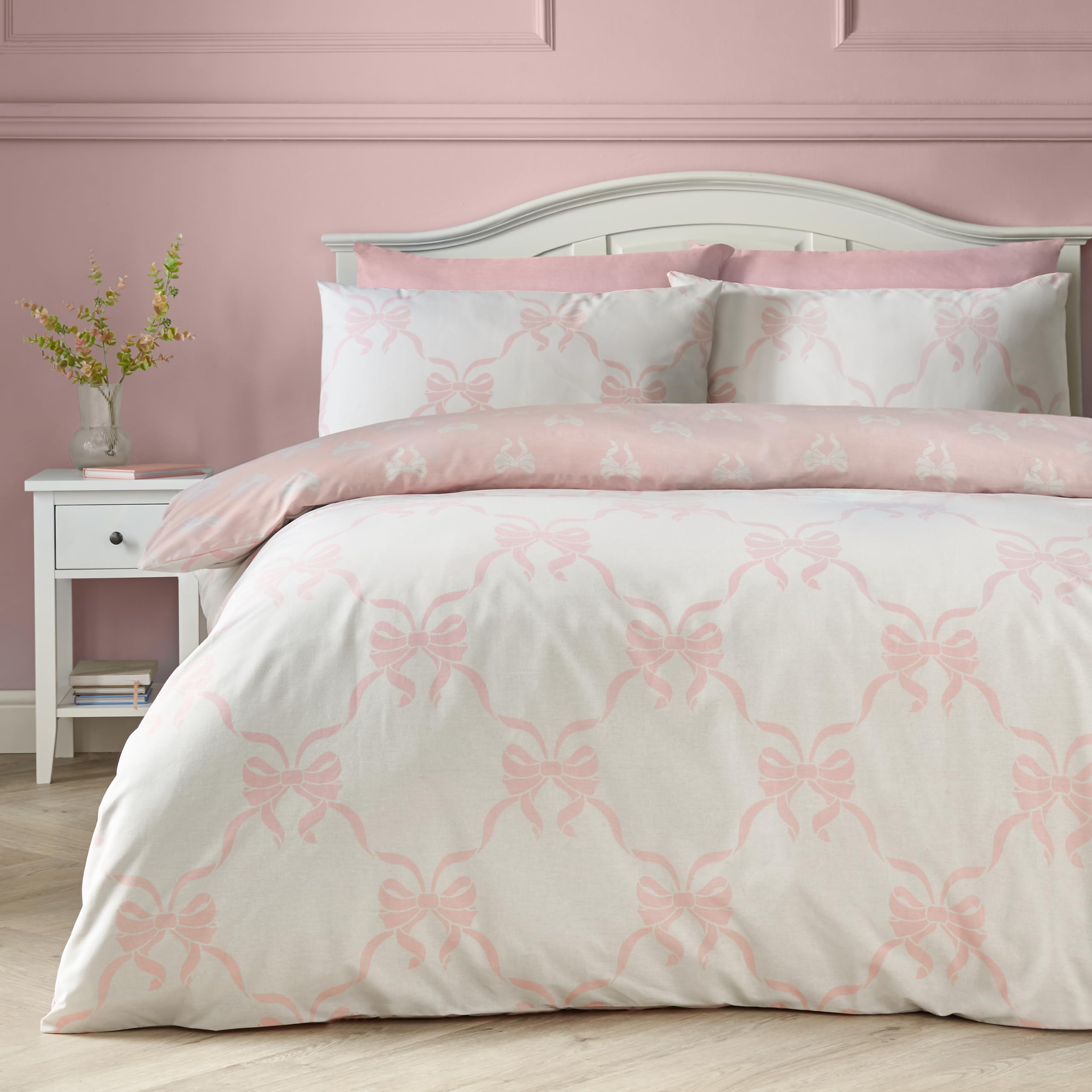 Catherine Lansfield Pretty Bows Reversible Single Duvet Cover Set Pink