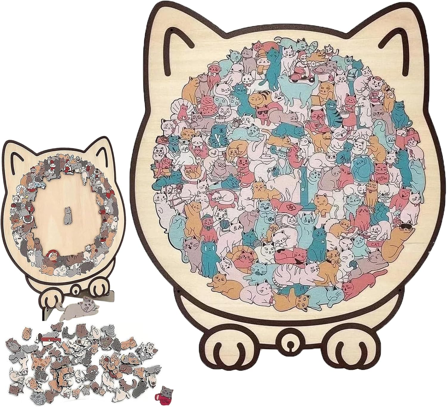 135-Piece Cat Puzzle, Cat Shaped Wooden Jigsaw Puzzle, Macaron Colored Animal Jigsaw Puzzles Gifts for Adults Cat Lovers, Home Decor