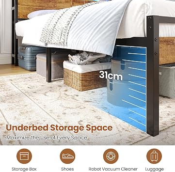 Brinlawb Double Bed Frame with Power Strip & LED Lights, Stable and Sturdy Metal Double Bed Frame with Wooden Headboard -2 Door Storage Compartments, 135x190cm Platform Bed Frame, No Box Spring Needed