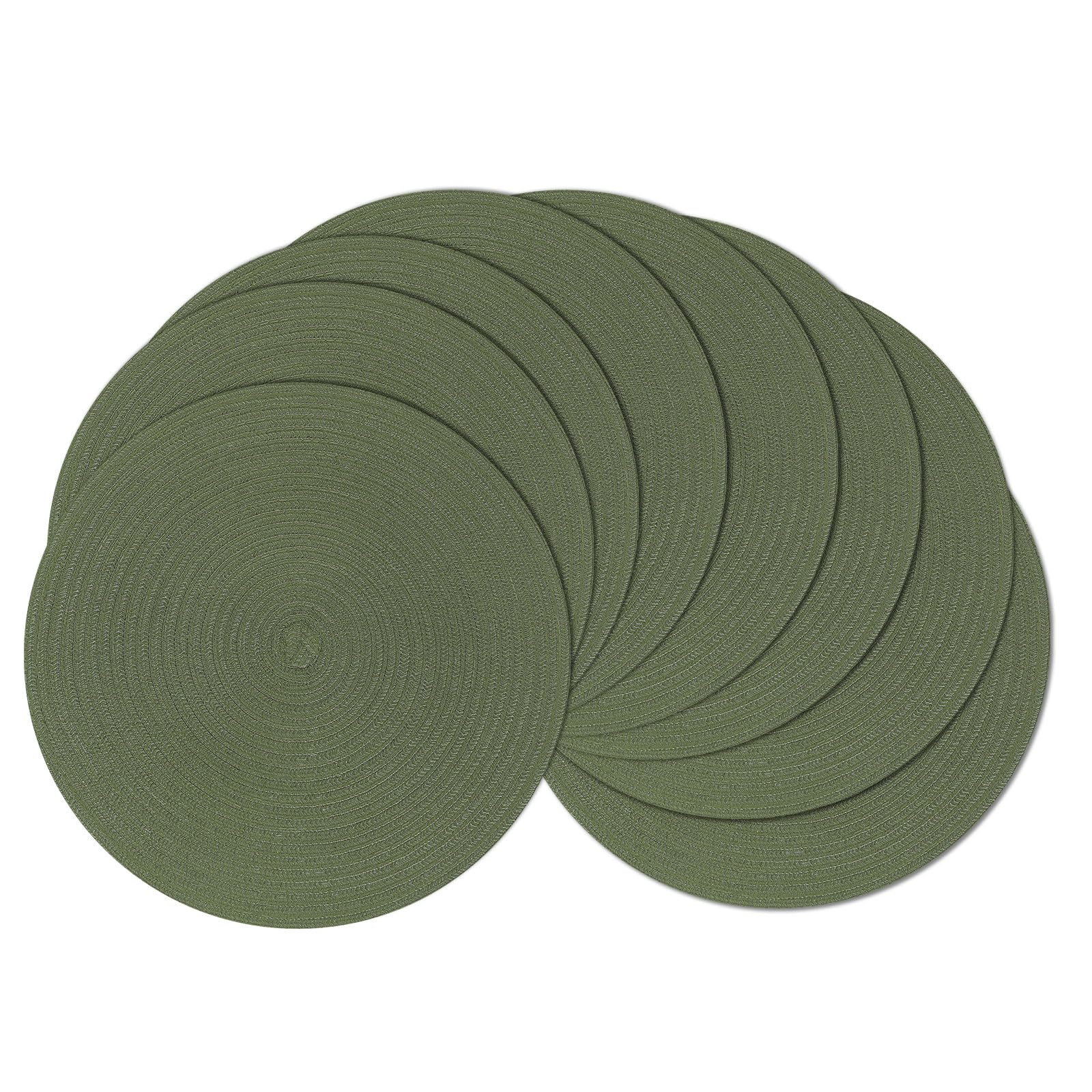 SHACOS Round Placemats Set of 8 Washable 15 inch Round Table Mats Cotton Polyester Woven Braided Place Mats for Dining Table Wedding Party Decor (Olive Green, 8)