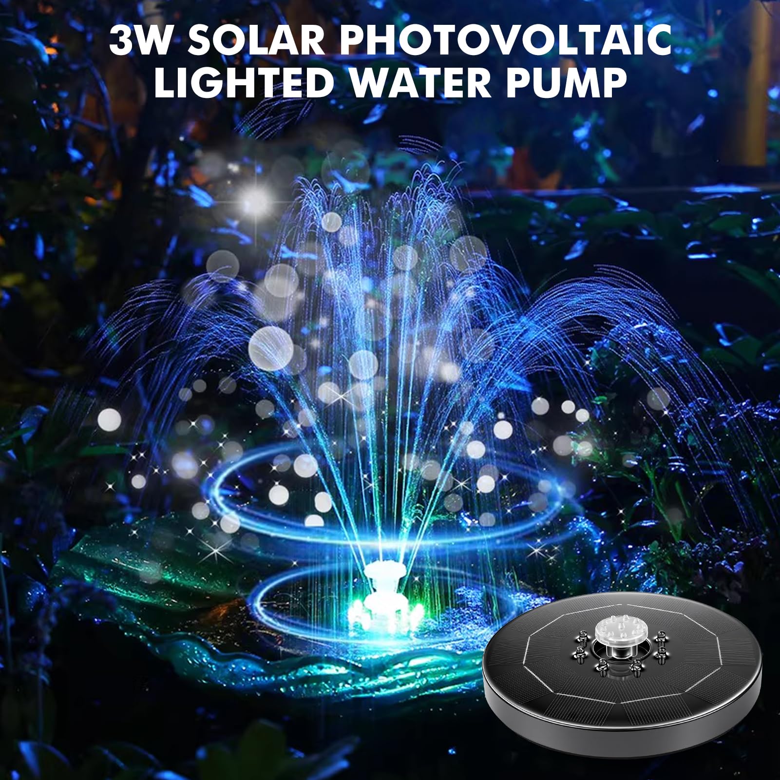 Fontaine solaire pour extérieur, pompe de bassin solaire 3 W, pompe solaire flottante avec LED et 8 buses transparentes, pour jardin, étang, bain d'oiseaux