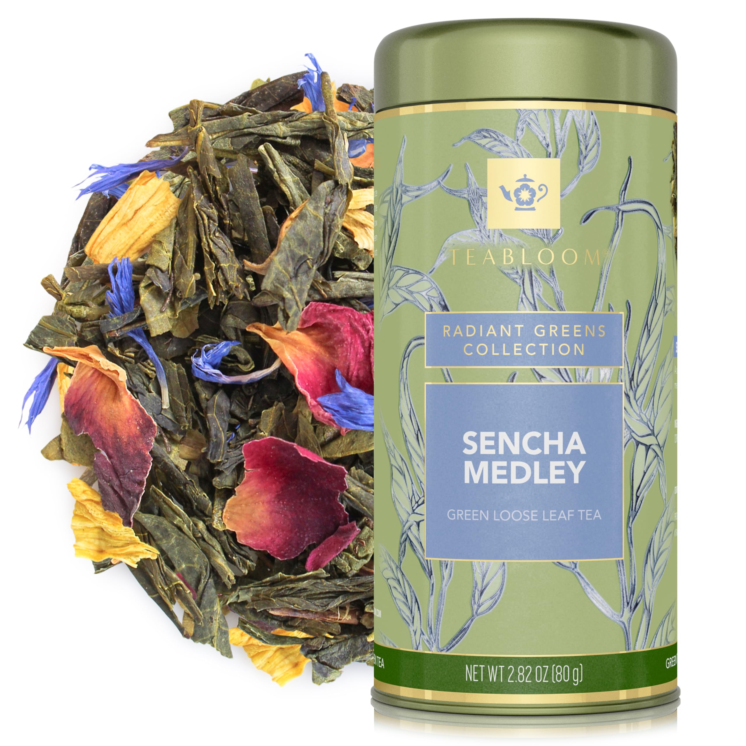 Teabloom Green Tea, Sencha Medley Loose Leaf Tea, Fresh and Floral, Purest Quality Green Tea Leaves Combined with Pretty Botanicals in Reusable Gift Canister, 2.82oz/80 g Canister Makes 35-50 Cups