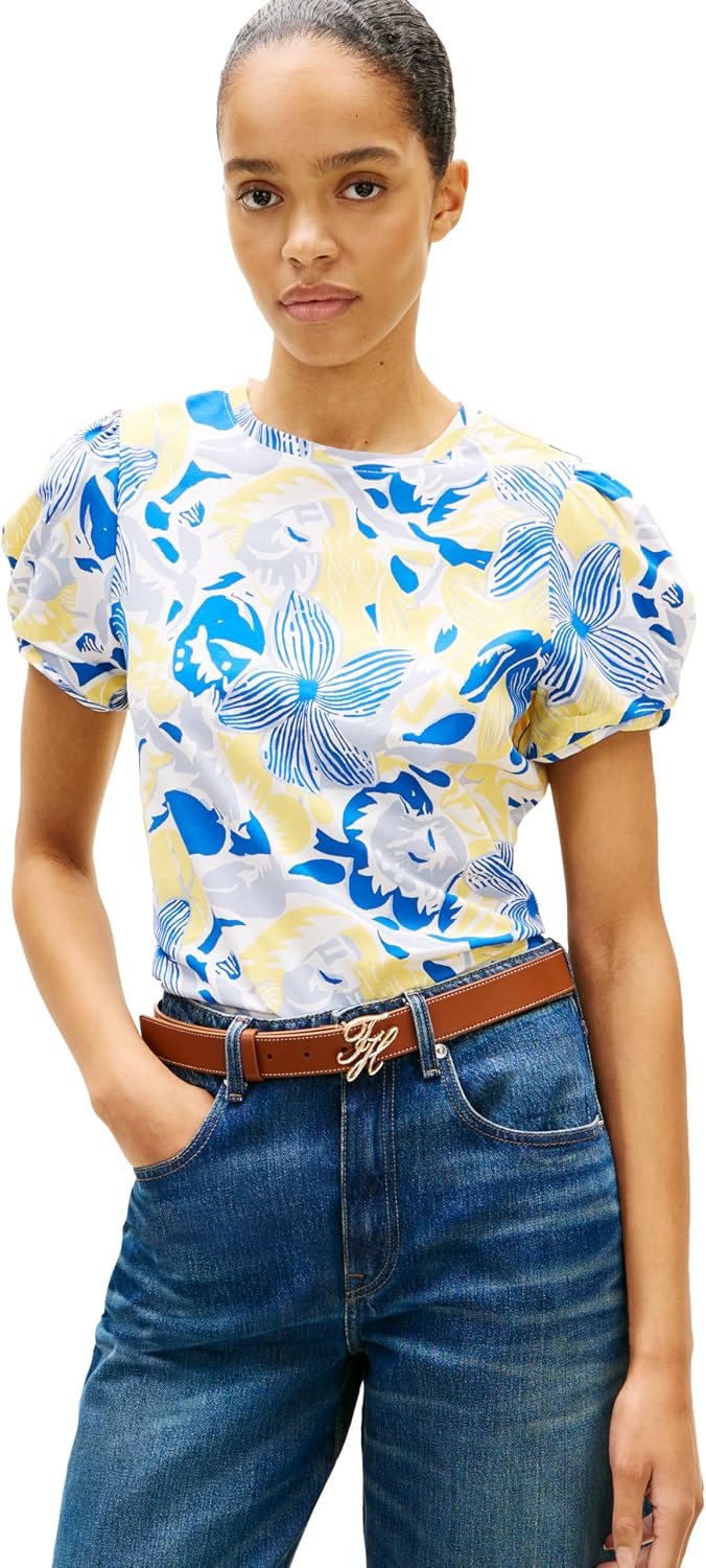 Tommy Hilfiger Women's Short Sleeve Cotton Graphic T-Shirts with Puff Cuffs and Embroidered Flag Logo