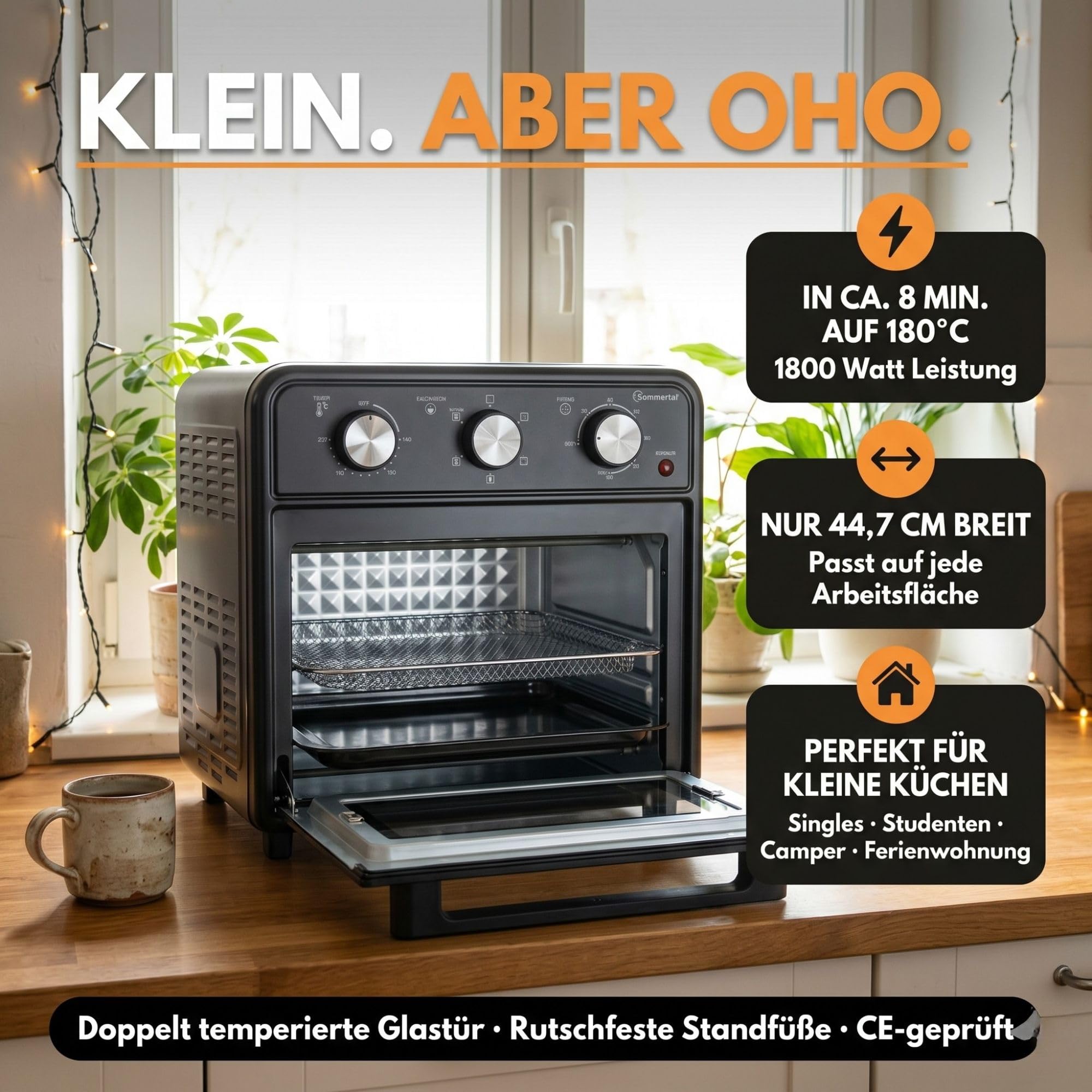 Sommertal Mini forno da 20 litri con convezione e friggitrice ad aria calda, mini forno da 1800 W per cuocere, grigliare e pizza, forno da tavolo piccolo con funzione Airfryer, 100 – 230 °C, timer da