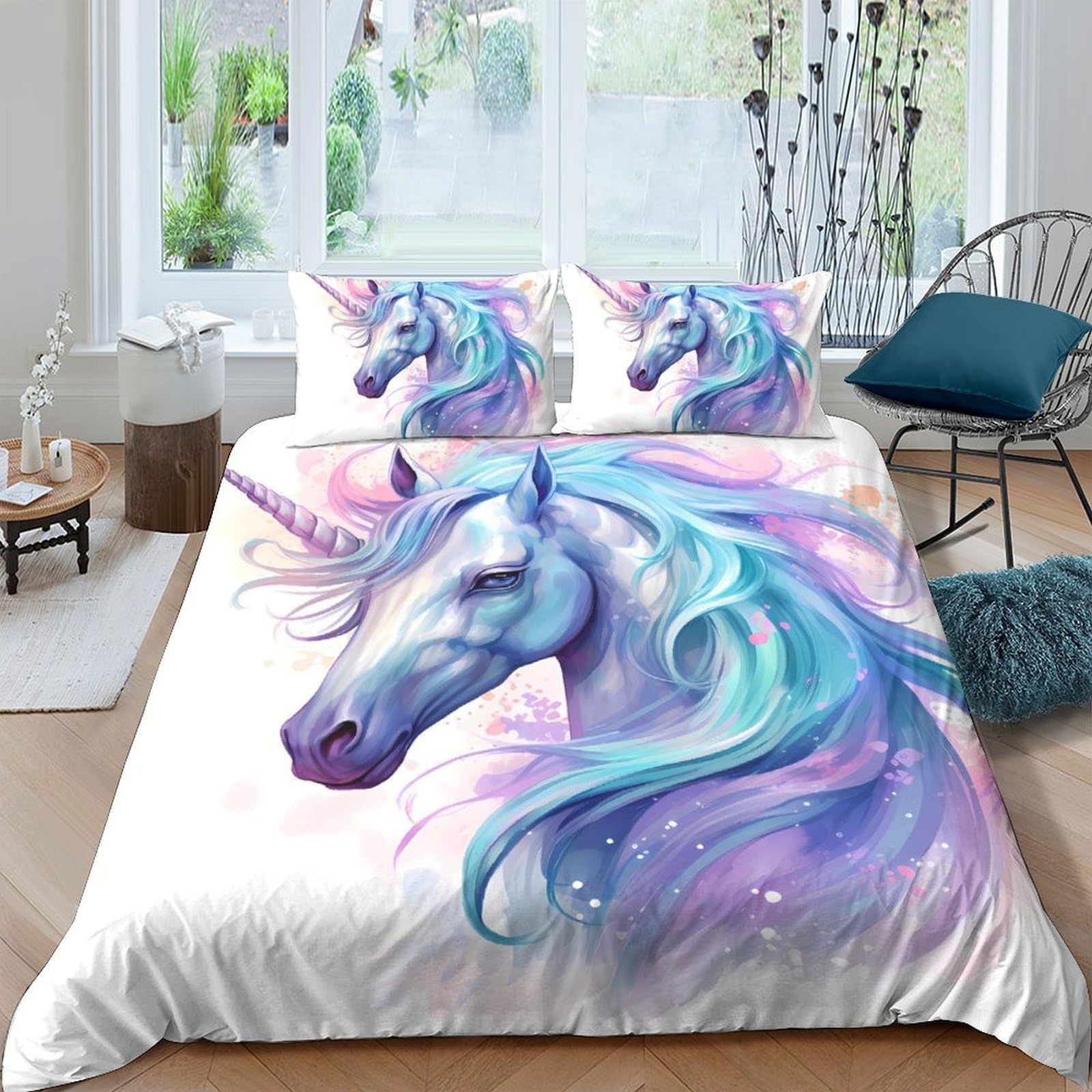 Ctjqhvkz Style-2 3D Printed Fantasy Unicorn Fitted Sheet Microfiber Soft Pastel Magical Horse Bed Cover For Bedroom Dorm Decor Single（135X200cm）