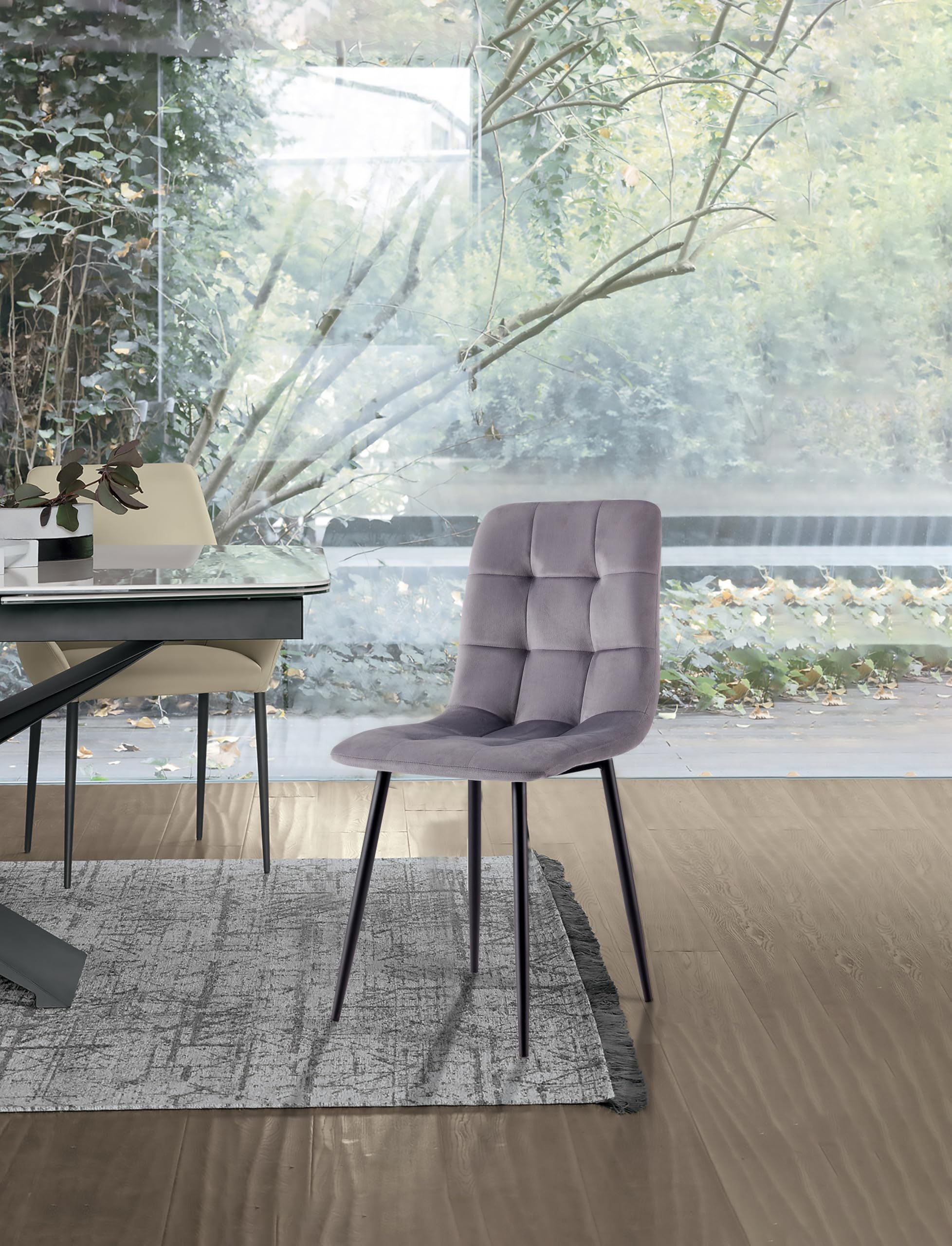 eacommerce | Set 4 Sedie da pranzo imbottita in Velluto, gambe in metallo 44x54x87 cm | Schienale trapuntato, facile da pulire | Comfort per sala da pranzo (Grigio)
