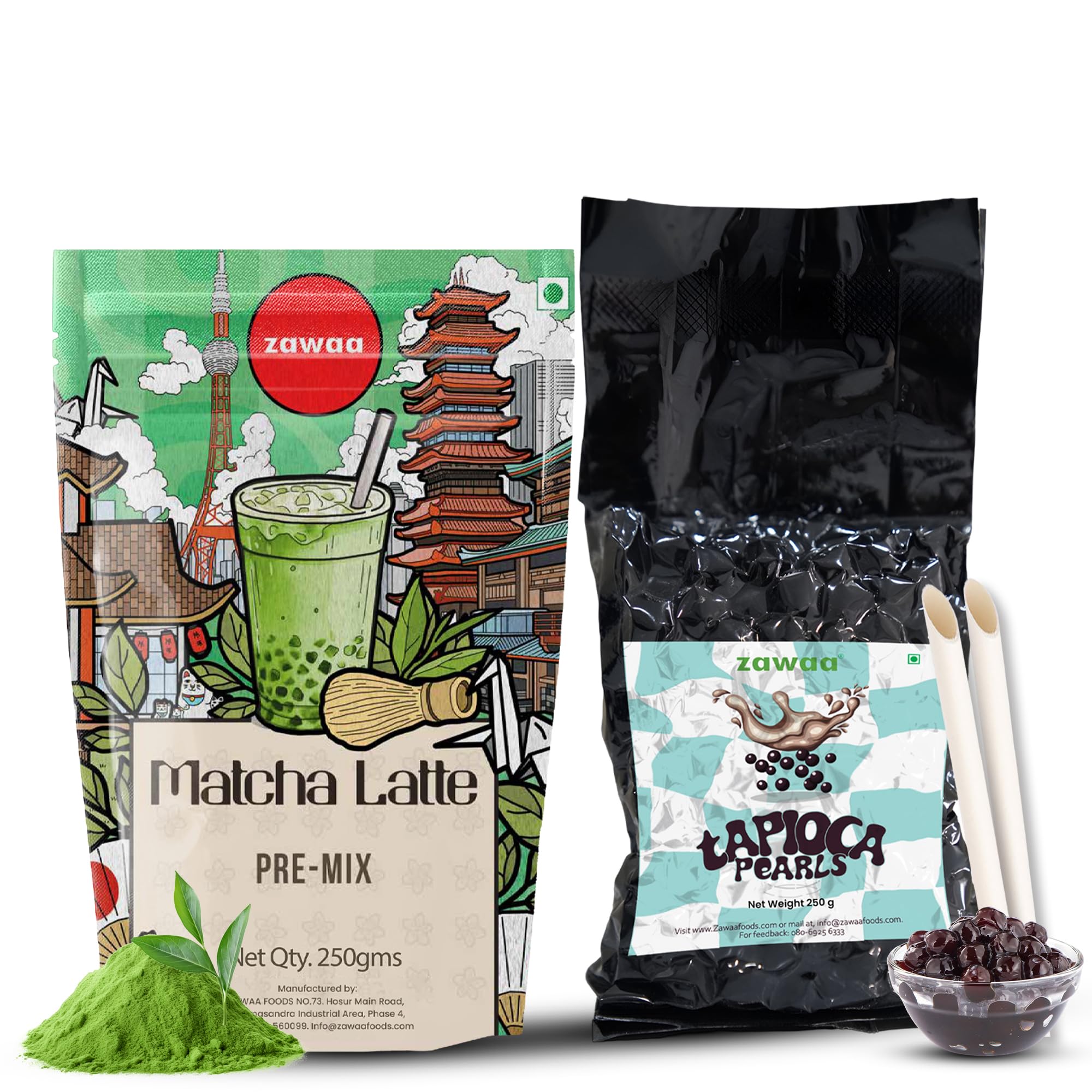 Matcha Combo Kit - Matcha Latte Pre-Mix Powder (250 g) with Black Tapioca Pearls (250 g) & 10 Paper Straws | Cafe-Style Milk Tea | Easy to Make at Home & Cafe Use