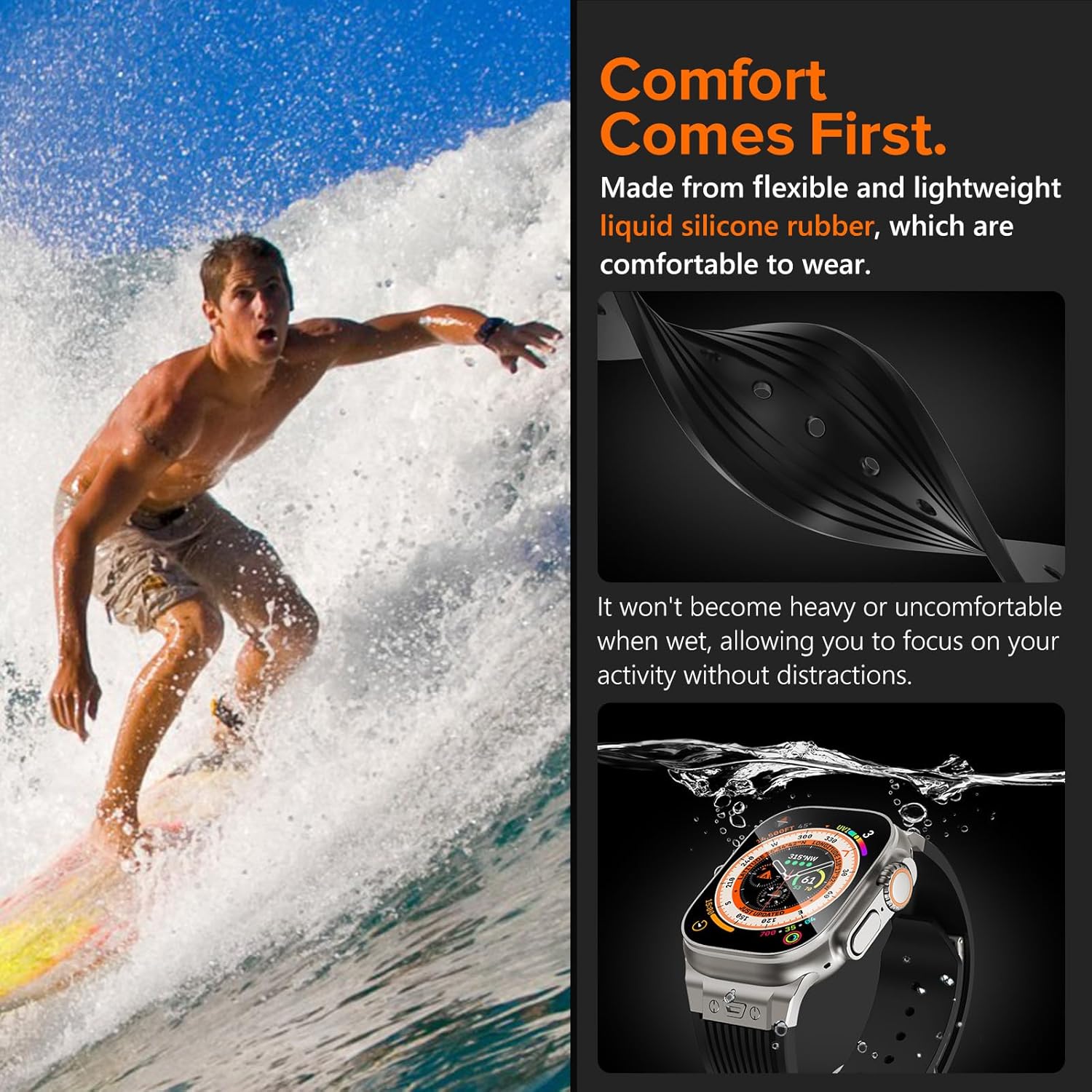 NewWays Watch Band for Apple Watch Ultra 2 Band 49mm 45mm 44mm 42mm, Luxury Rugged Silicone Rubber Strap with Metal Connector & Folding Clasp for iWatch Ultra Series 9 8 7 6 5 4 3 2 1 SE for Men - Image 3