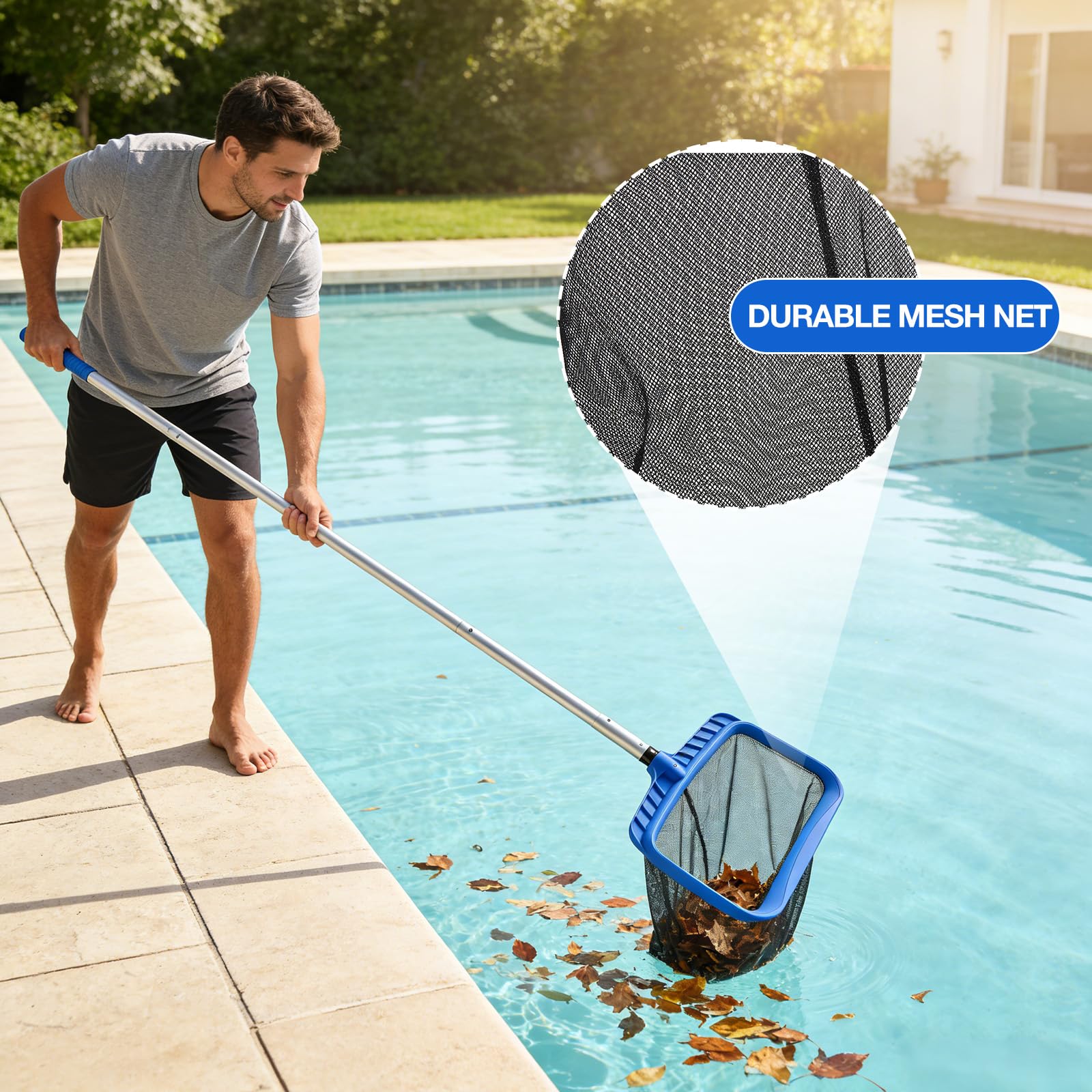 Set di Pulizia per Piscina 2-in-1, Retino per Piscina a Maglia Fine e Spazzola Robusta, Skimmer per Detriti e Spazzola per Pareti con Attacco Universale EZ-Clip, Ideale per Piscine, Whirlpool e Spa