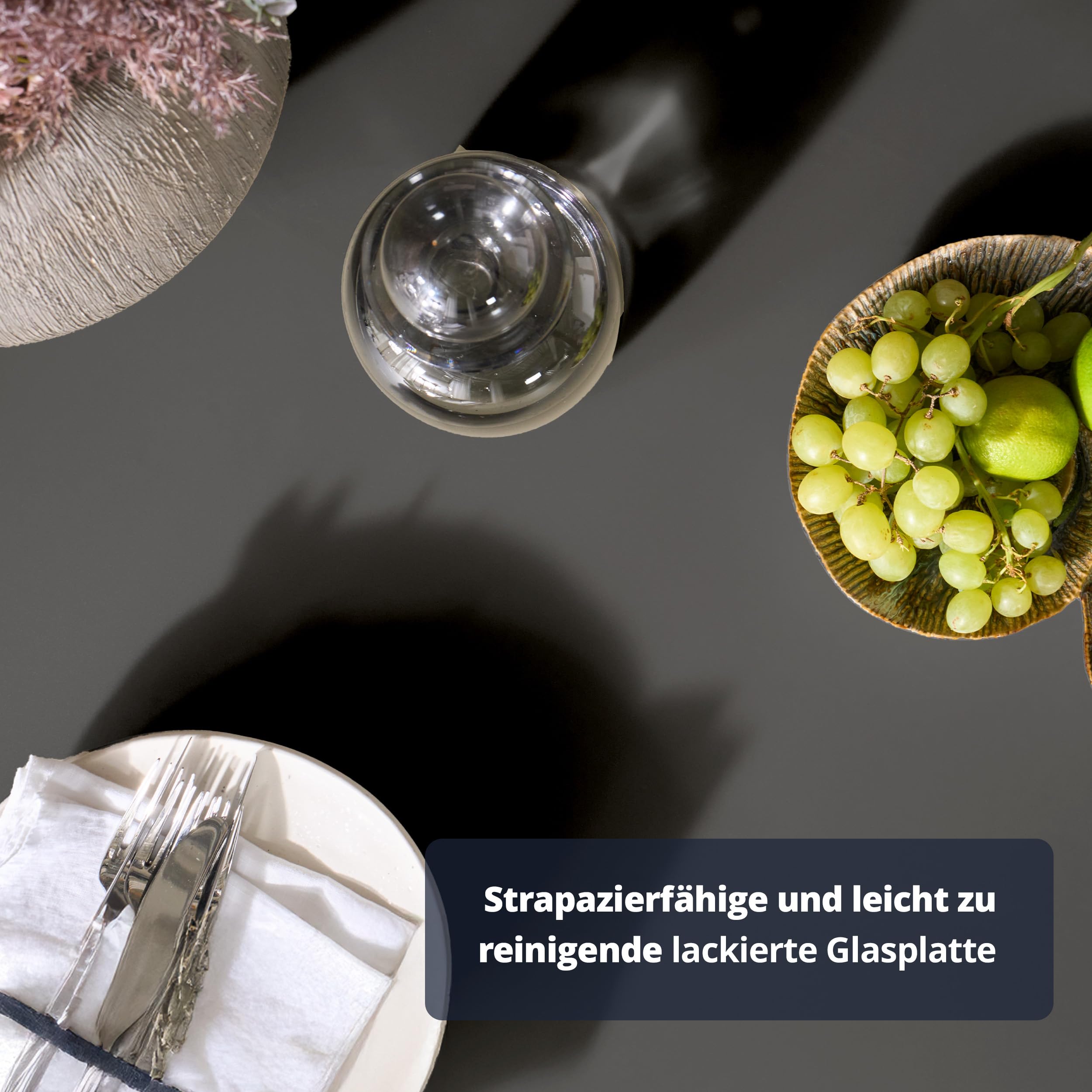 KHG Esstisch Rund 150 cm Durchmesser, Schwarz mit Glasplatte, Platz für 6 Personen, bis 100 kg belastbar - Minimalistisches Design, konisches Tischgestell, modern & pflegeleicht