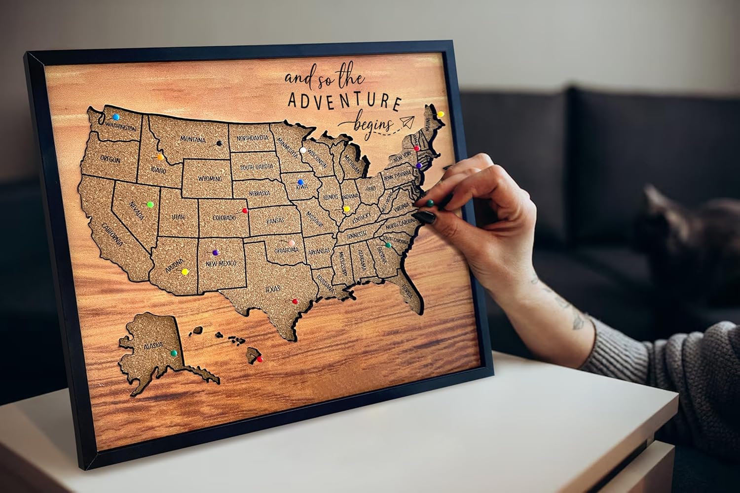 flinelife Push Pin Travel Map, 12X10, Cork Board Usa Travel Map With Pins,50 States Travel Map Pin Board, Perfect Travel Map for Couples Gift