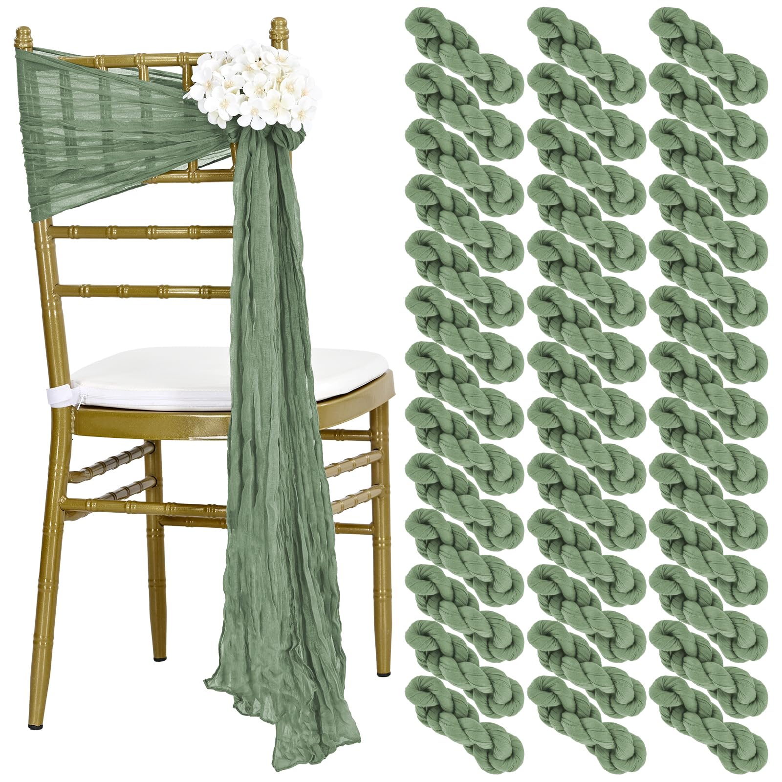 Cheesecloth Chair Sashes - 40 Pack Decorative Chair Covers, 108 Inch for Wedding Reception Party & Hotel Decoration (Sage Green)