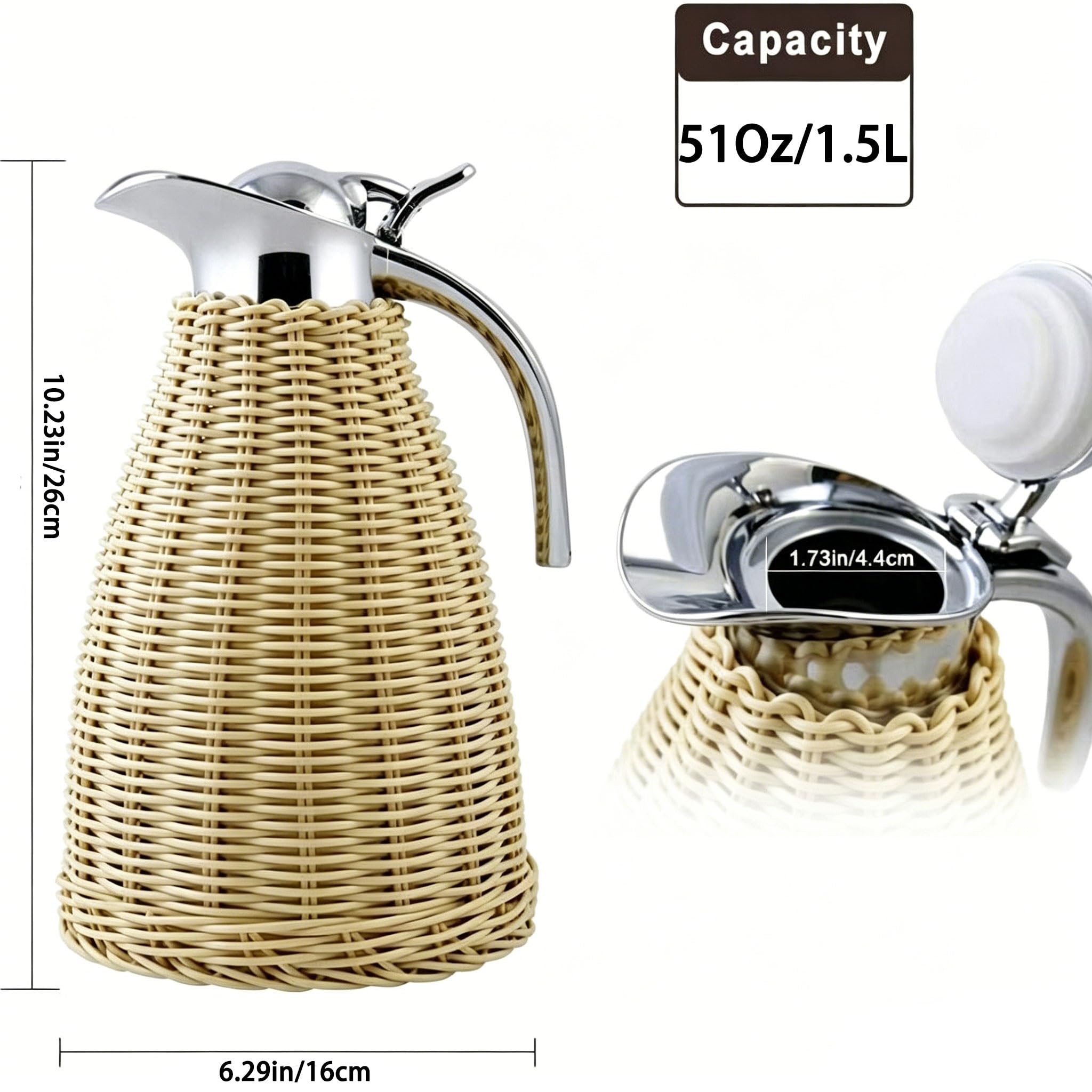 51 uncji (1,5 l) Butelka termiczna ze stali nierdzewnej, 1,5 l rattanowy izolowany dzbanek, podwójna ścianka próżniowa, do stołów jadalnych, kawiarni i sklepów z napojami (kolor