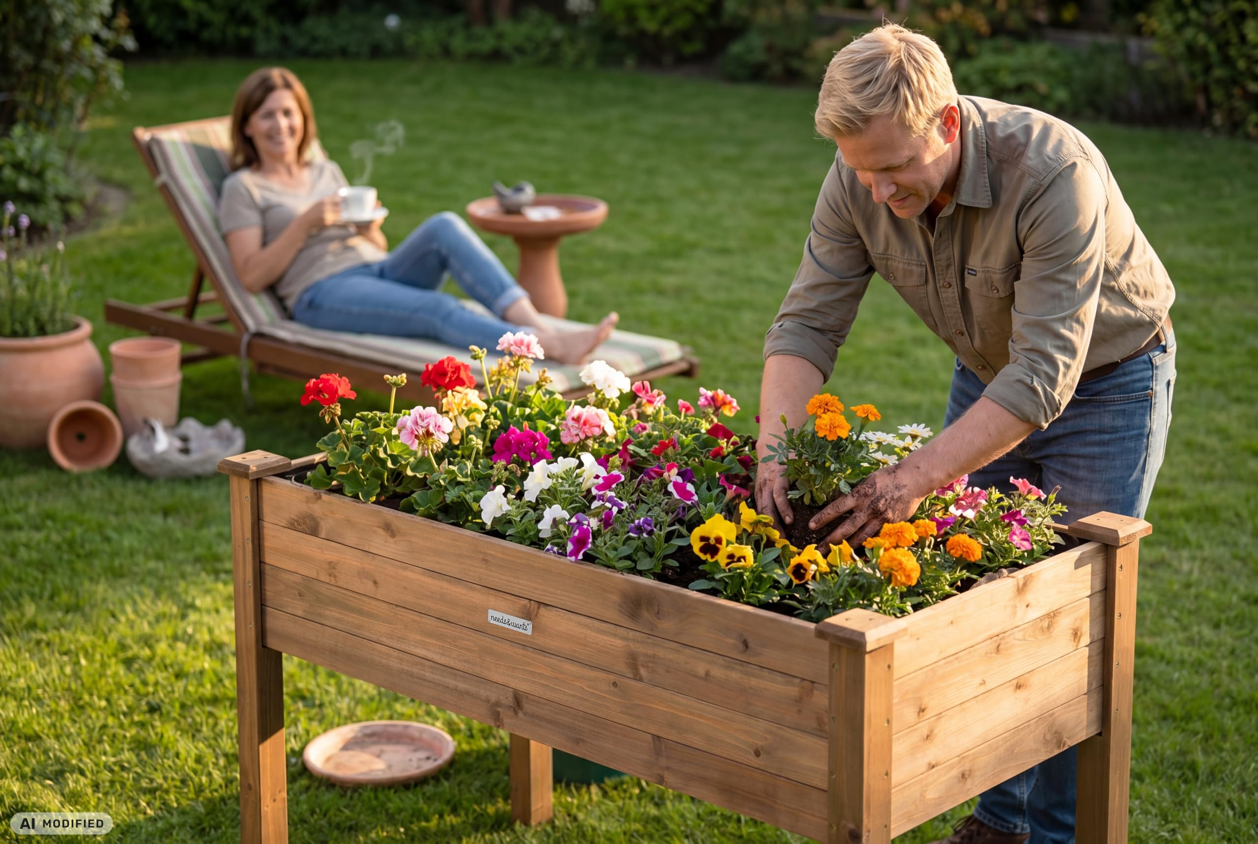 needs&wants® Großes Hochbeet aus Holz für Garten Balkon Terrasse, Pflanzkasten Bausatz XL rechteckig schmal mit Vlies-Folie, Kräuterbeet Pflanzenkasten deko, 121 x 63 x 75 cm, dunkel-braun