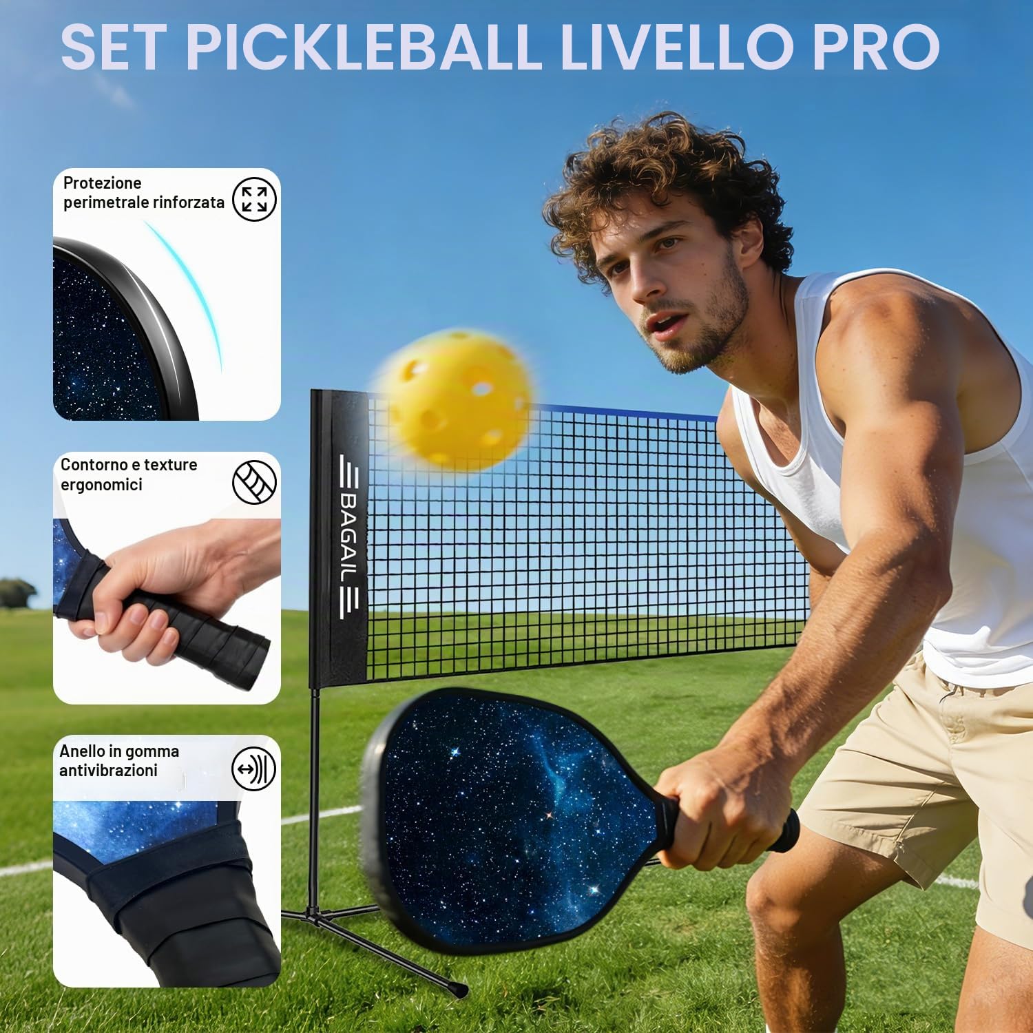 BAGAIL rete sportiva con set per pickleball e badminton, 3m / 4,2m / 5,2m | sistema a rete regolabile in altezza, borsa da trasporto portatile, senza attrezzi, per pallavolo, pickleball e tennis