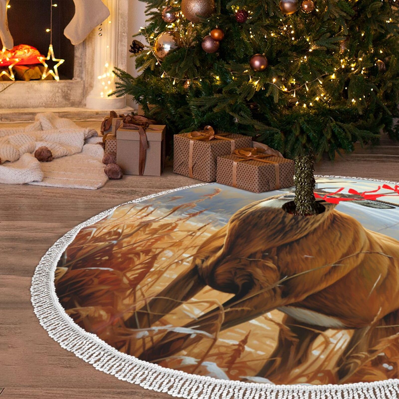 Décorations de sapin de Noël haut de gamme : jupe 121cm Buck Deer à pompons