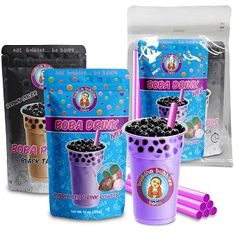 TARO Boba Tea Kit Includes Taro Drink Mix Powder, Real Black Tapioca Pearls & Straws By Buddha Bubbles Boba