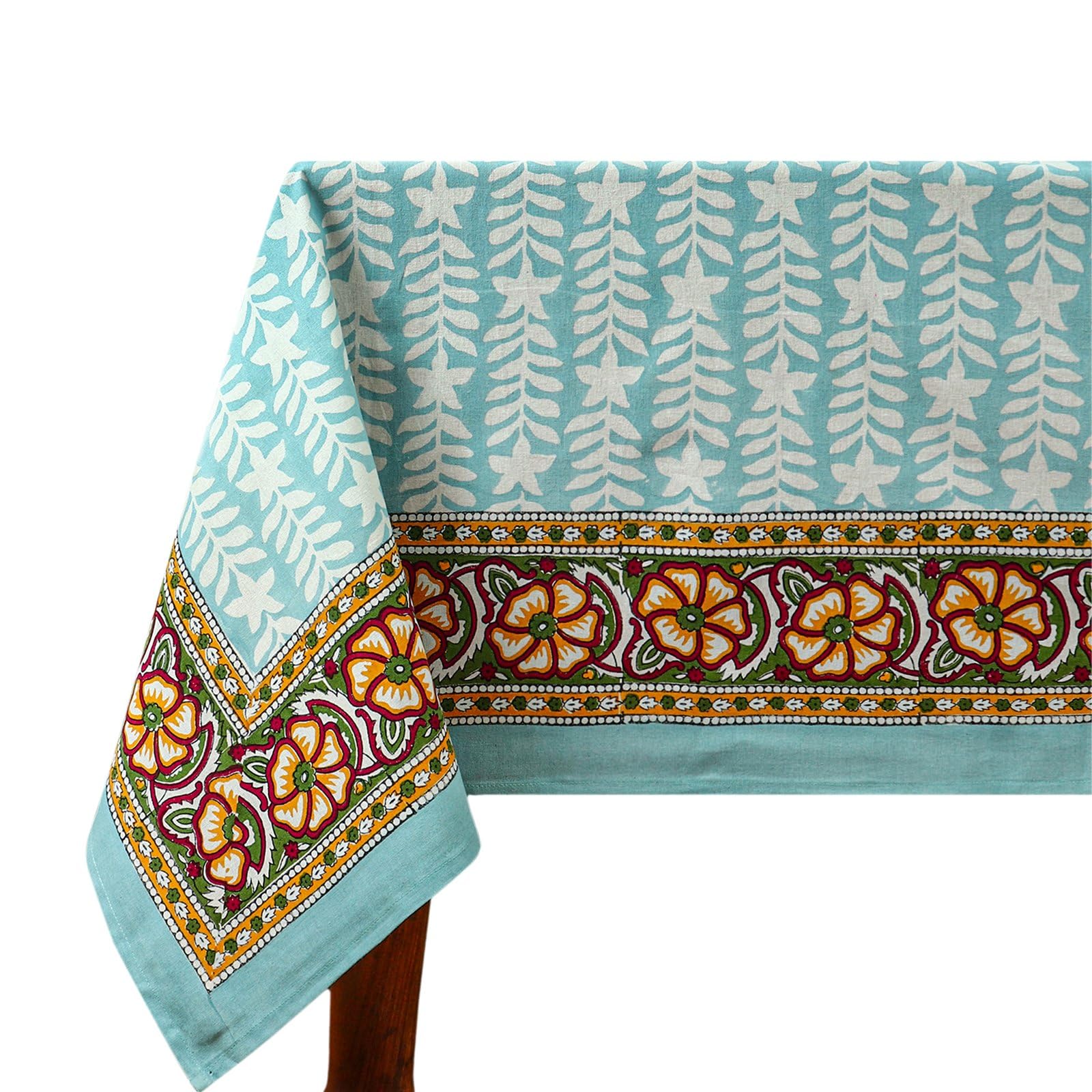 72x180 Inches Rectangle Hand Block Printed Cotton Tablecloth, Blue Yellow Floral Table Cloths Washable, Indian Table Linen For Dinning Home Decor Summer Spring Outdoor Thanksgiving Valentine Gifts — image 1